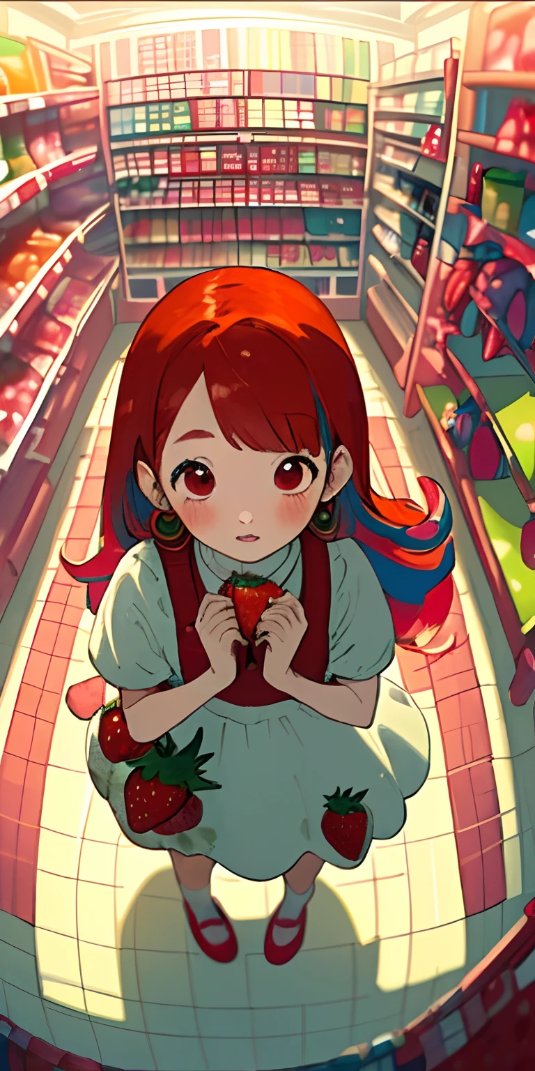 (masterpiece, best quality), (colorful:1.4), from above, solo, 1girl standing in a store with lots of stuffed strawberry toys on the shelves and a bag of stuff, depth of field, fisheye lens, white dress with strawberry print , strawberry earrings, red hair, red shows
