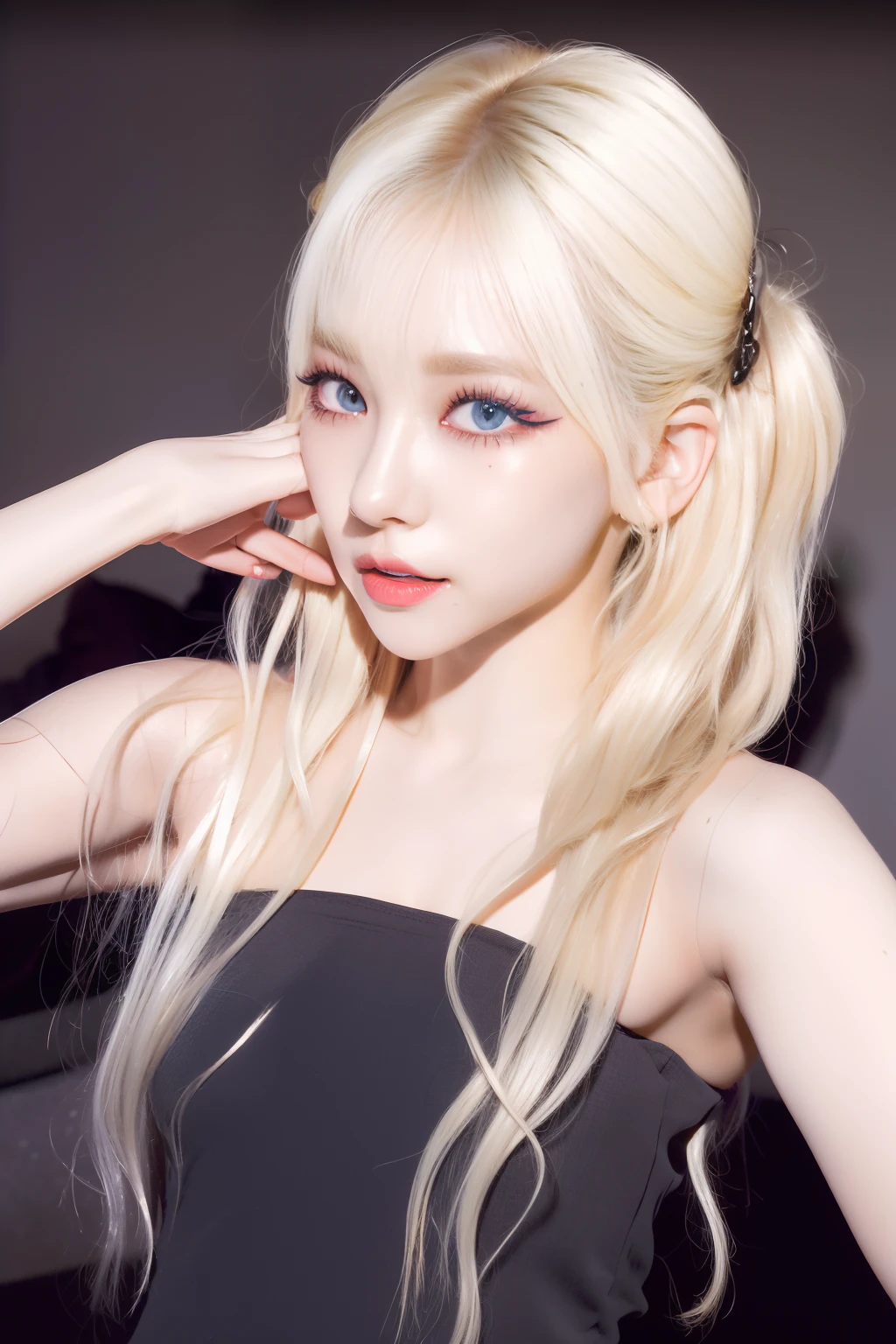 (8k, 4k, best quality, highres, ultra high res:1.1), (masterpiece, realistic, photo-realistic:1.1), 1girl,  face, close-up, twintails, blonde hair, black eyes, red lips,  (looking at viewer:2), absurdly long hair, long eyelashes, eyeshadow,  small face, big eyes,
bare shoulders,
high contrast,