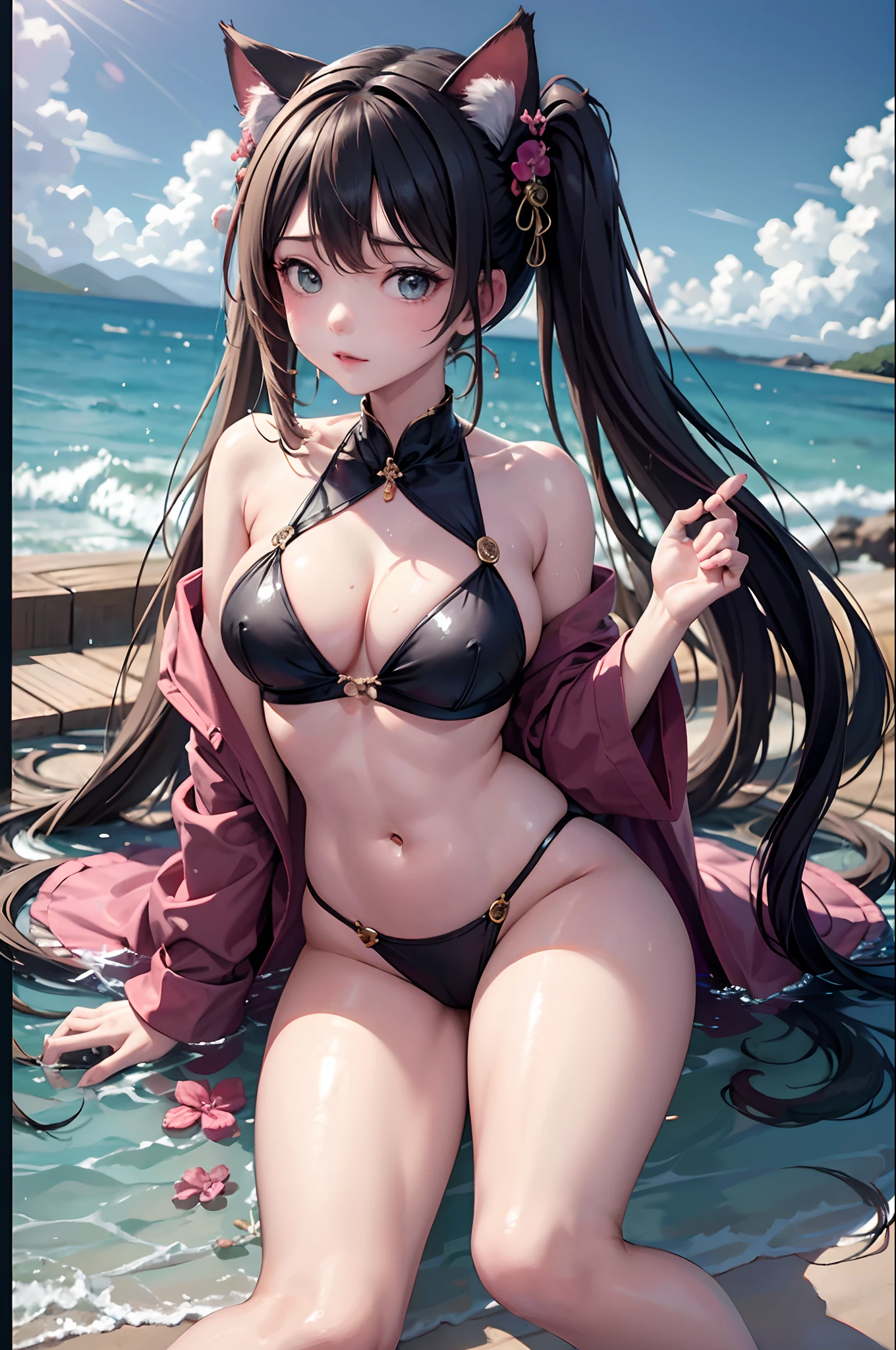 (masterpiece、top-quality、Official art:1.2)、(colourfull)、miku hatsune、see the beholder、1girl in、portlate、独奏、Colorful water levitation、Lying girl、realisticlying、Wearing pink pajamas、Cute、A sexy、a navel、accessorized、Correct anatomy、细致背景、hair adornments、Cat's ears、presence、acrobat、