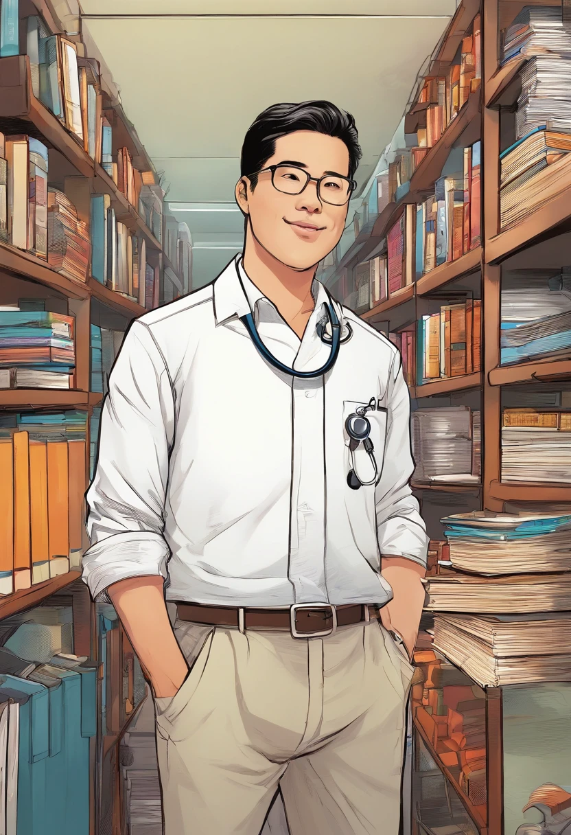 Man, doctor, young 36 year old, wear blouse white, Wear your name tag in your shirt pocket: Dr. Pham Xuan Thanh, best quality, erect, behind many bookshelves, book, medical headset