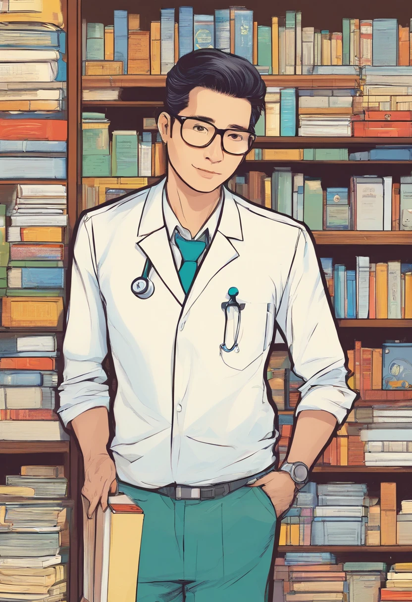 Man, doctor, young 36 year old, wear blouse white, Wear your name tag in your shirt pocket: Dr. Pham Xuan Thanh, best quality, erect, behind many bookshelves, book, medical headset