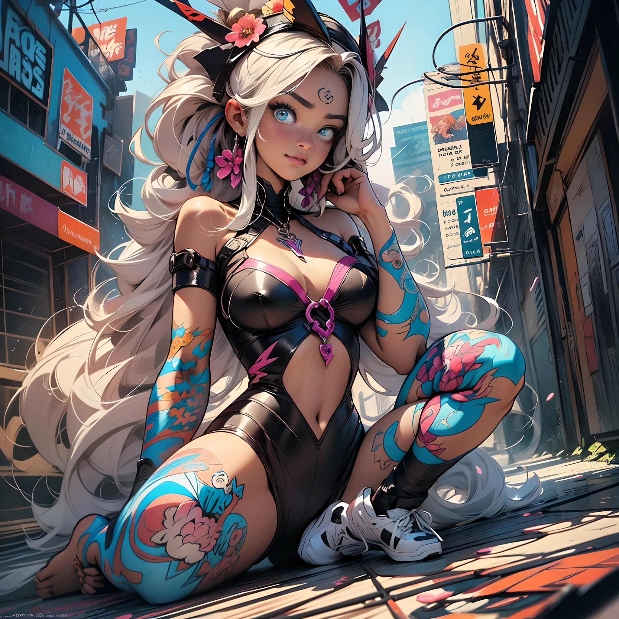 《《《《Full body》》》》:: Comics Style Joe Madureira ::2.9 Styles ::2.0 comix illustration style ,digital illustration of beautiful female character in toh-yasu drawing style illustrator, Anime style, body with futuristic tribal tattoo style designs in dragon shape, serious face and ultra detailed artwork, graffiti style destroyed city scenery with camera focus, (beautiful and clear background:1.2),Perfect whole body, slender silhouette, thick thight, gloss, rough, Thick curves;, (Roopa Puffer Power: 1.2), 3D Graphite, Offer, lines, background circles ,((Joe Madureira ::2.0 comix illustration style, tatoon style , comic book style, Camila Bernal Ultra Detailed Beautiful Woman With Long Hair, Beautiful woman )), ( Detailed eyes and detailed face:1.3), (t-shirt or dress:1.3), (beautiful and clear background:1.2), (Extremely detailed, Ultra-detailed, Best Shadow:1.1),Bare shoulders, Flowers and petals, , (White background:0.5), (Illustration :1.1), (extremely fine and beautiful girl:1.1), (perfect detail:1.1)