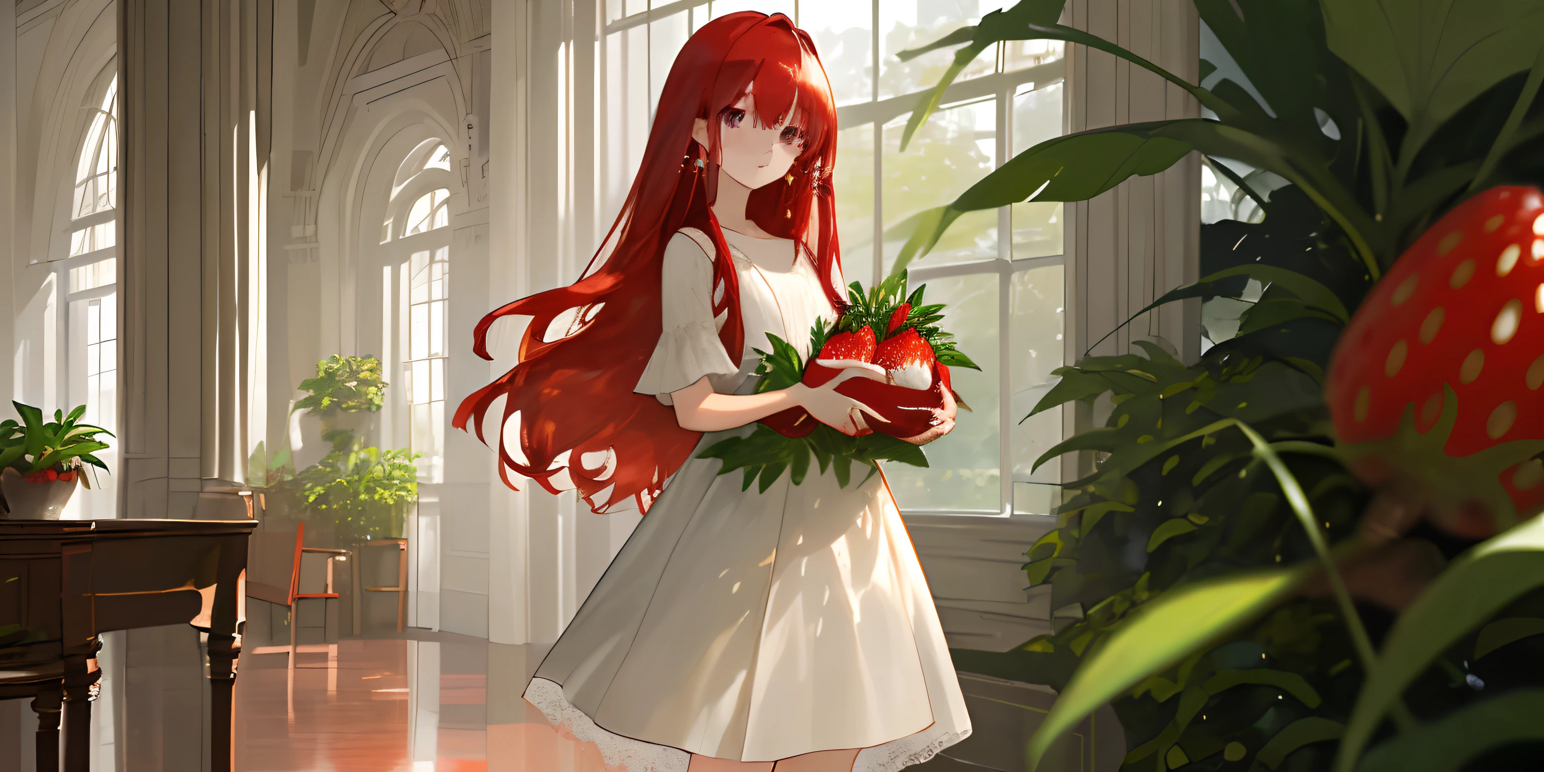 (masterpiece, best quality),long hair, red hair, plant, looking at viewer, grey eyes, bag, indoors, holding, bangs, solo focus, white dress, standing, white dress, 1girl, strawberry jewelry, strawberry earrings, hair between eyes, open