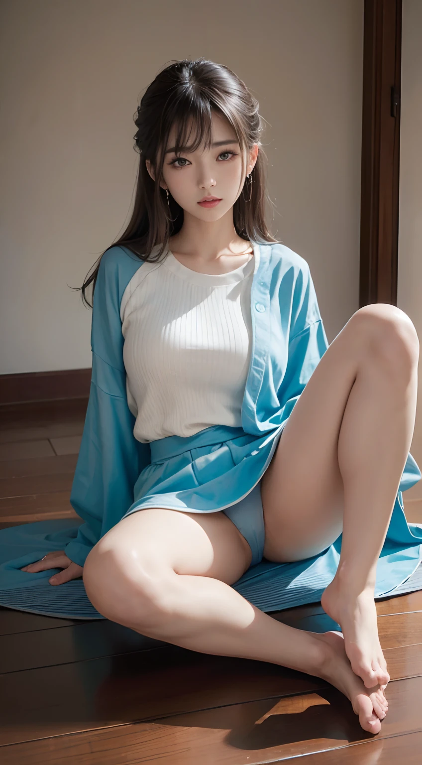 ( (8K:1.27), Top quality, Masterpiece, Super high resolution:1.2) Photo of a cute Japanese woman (Beautiful:1.1),4K Ultra HD,，Tickle the underarms，Turbulent posture,Turbulent posture,Spread your legs,Spread your legs,You can see barefoot,pretty legs,The are visible,Pubic hair exposed