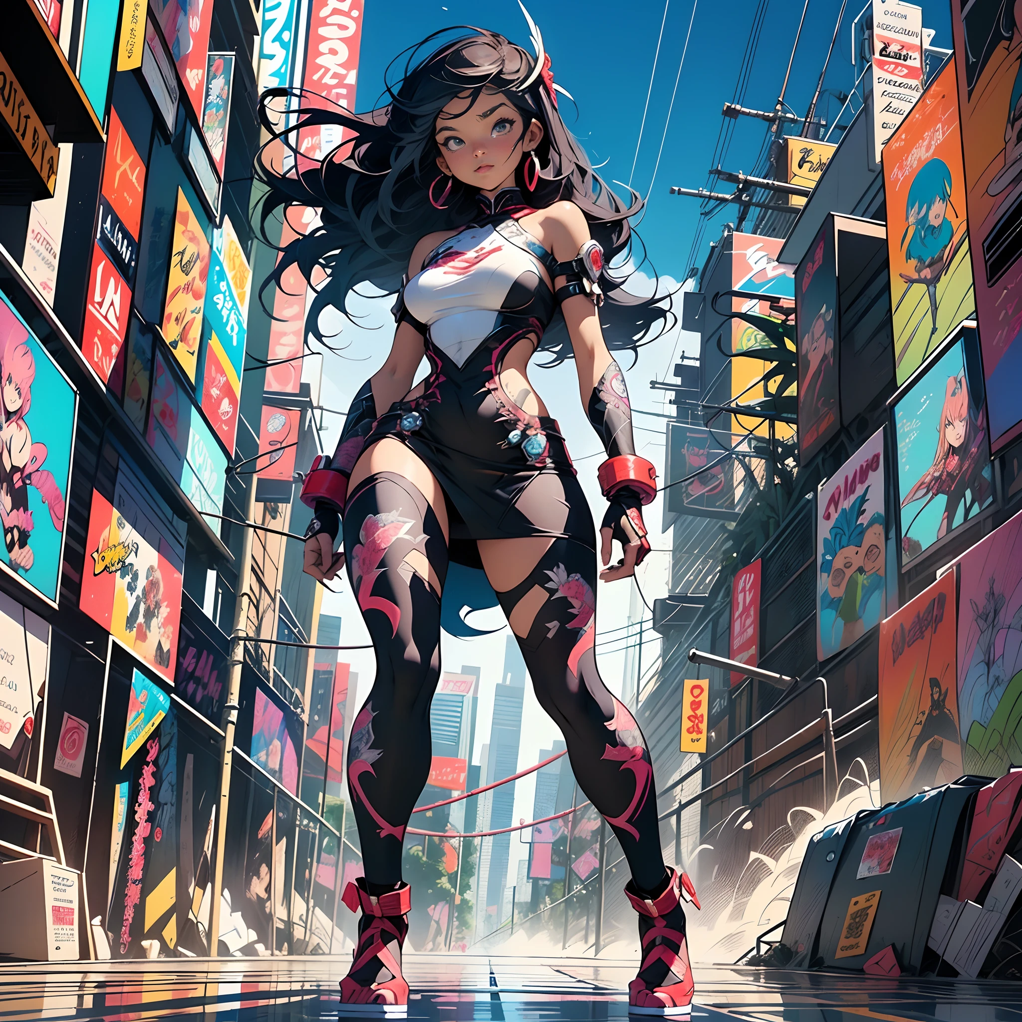 《《《《Full body》》》》:: Comics Style Joe Madureira ::2.9 Styles ::2.0 comix illustration style ,digital illustration of beautiful female character in toh-yasu drawing style illustrator, Anime style, body with futuristic tribal tattoo style designs in dragon shape, serious face and ultra detailed artwork, graffiti style destroyed city scenery with camera focus, (beautiful and clear background:1.2),Perfect whole body, slender silhouette, thick thight, gloss, rough, Thick curves;, (Roopa Puffer Power: 1.2), 3D Graphite, Offer, lines, background circles ,((Joe Madureira ::2.0 comix illustration style, tatoon style , comic book style, Camila Bernal Ultra Detailed Beautiful Woman With Long Hair, Beautiful woman )), ( Detailed eyes and detailed face:1.3), (t-shirt or dress:1.3), (beautiful and clear background:1.2), (Extremely detailed, Ultra-detailed, Best Shadow:1.1),Bare shoulders, Flowers and petals, , (White background:0.5), (Illustration :1.1), (extremely fine and beautiful girl:1.1), (perfect detail:1.1)