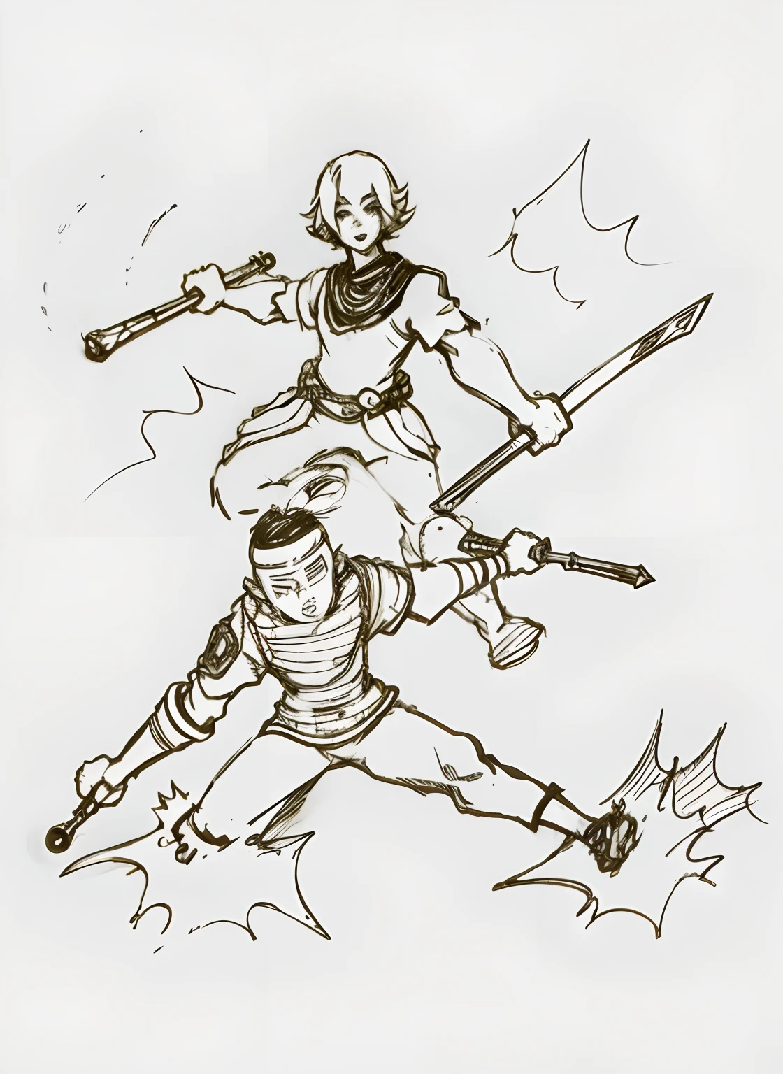 dynamic two person swordfight under a waterfall anime style