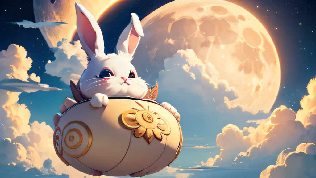 the huge moon，Big and round，Hang in the sky，There is a magnificent palace in the clouds，splendid，Around the clouds，Many little bunnies，A big rabbit，Holding mooncakes，Jump high，fantasy，k hd，4K，