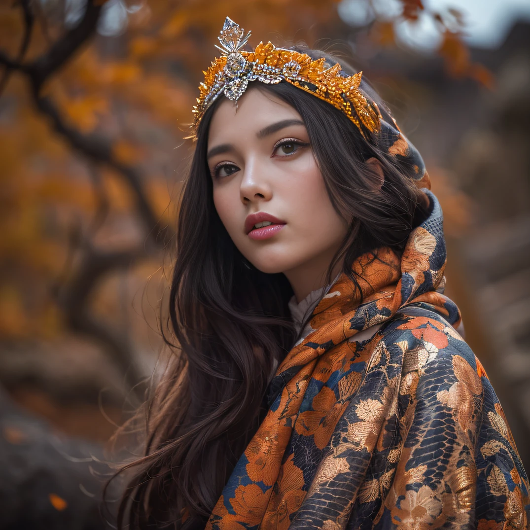 32K（tmasterpiece，k hd，hyper HD，32K）Long flowing black hair，Hermes Orange Park，Girls of love ，Flame protector（realisticlying：1.4），Python pattern robe，Purple-pink tiara，The leaves flutter，The canyon background is pure，Hold your head high，Be proud，The nostrils look at people， A high resolution， the detail，autumnal， RAW photogr， Sharp Re， Nikon D850 Film Stock Photo by Jefferies Lee 4 Kodak Portra 400 Camera F1.6 shots, Rich colors, ultra-realistic vivid textures, Dramatic lighting, Unreal Engine Art Station Trend, cinestir 800，Hold your head high，Be proud，The nostrils look at people