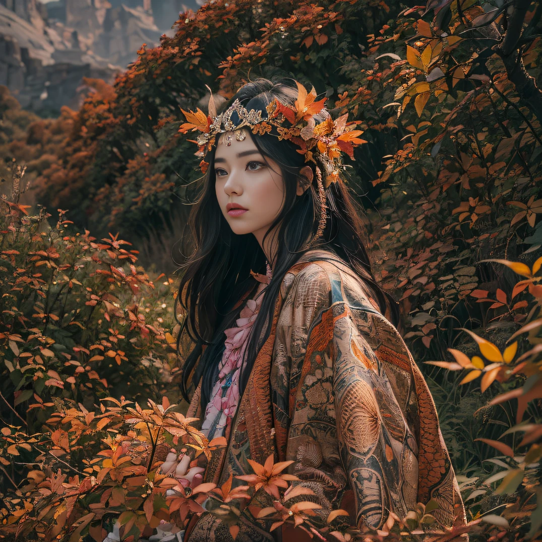 32K（tmasterpiece，k hd，hyper HD，32K）Long flowing black hair，Hermes Orange Park，Girls of love ，Flame protector（realisticlying：1.4），Python pattern robe，Purple-pink tiara，The leaves flutter，The canyon background is pure，Hold your head high，Be proud，The nostrils look at people， A high resolution， the detail，autumnal， RAW photogr， Sharp Re， Nikon D850 Film Stock Photo by Jefferies Lee 4 Kodak Portra 400 Camera F1.6 shots, Rich colors, ultra-realistic vivid textures, Dramatic lighting, Unreal Engine Art Station Trend, cinestir 800，Hold your head high，Be proud，The nostrils look at people