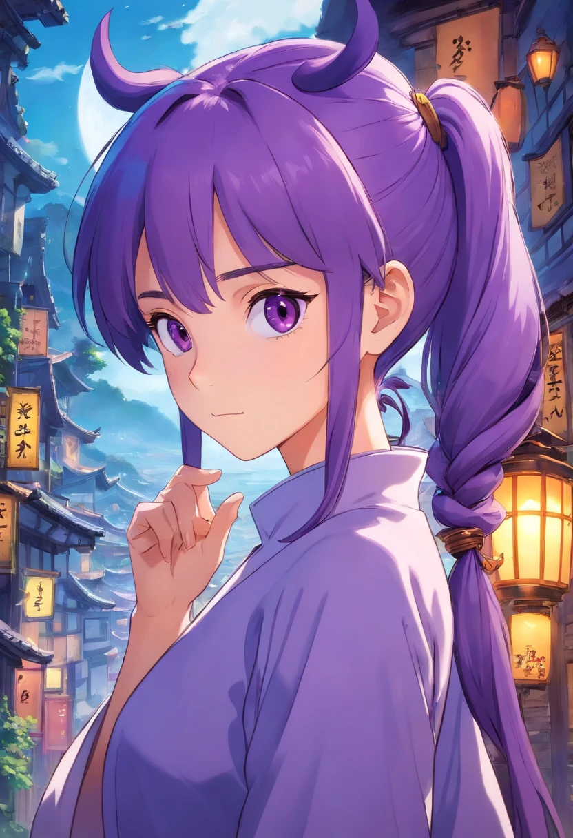 Purple ponytail, beauty, one girl, black eyes, mage
