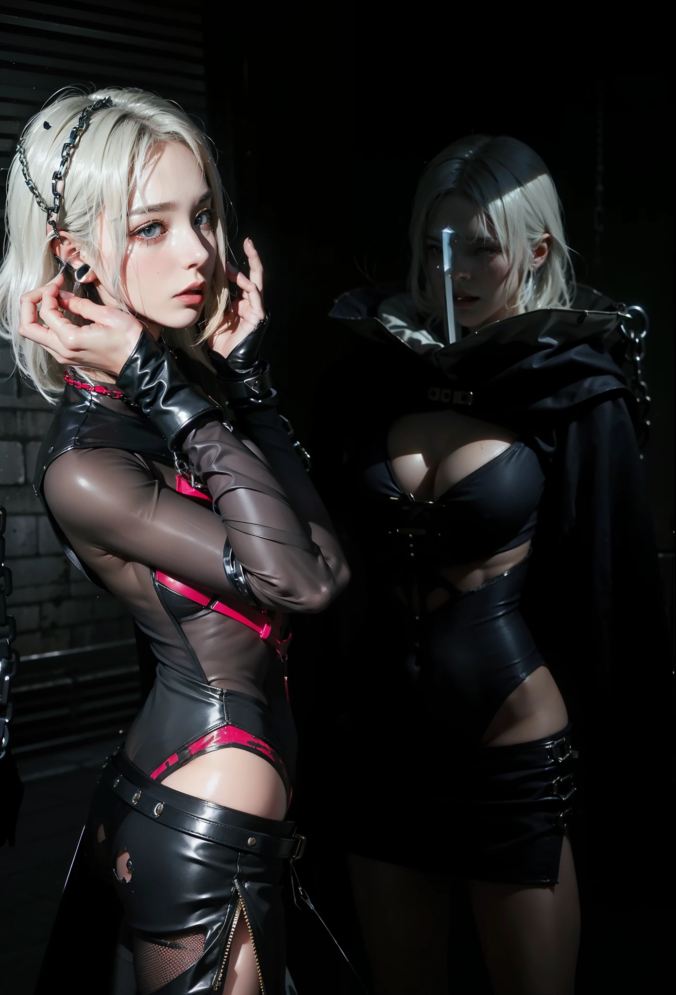 ,((Wearing a torn sheer costume of a superheroine)),(, No bra)), Wet crotch, Wet thighs, Beautiful girl with accentuated slender abs: 1.4, (((nipple tips protruding, areola is protruding, The shape of the pubic region is clearly visible)), sixpack abs: 1.4, Bust Botox, Photo, Sharpness, Unique 850 4, Koda850 k portrait camera, F1.6 shots, Ultra-realistic textures, Spectacular light textures, Cinestil 800 Fashion Mechanics, (futuristic sci-fi battle fashion: 1.1), (tied perfectly by chain), Restraint, Slaves, collars, ((wide prison with sunlight)), Dark fantasy, Realistic material details, extreme hight detail, Ultra-realistic materials ((Torn costume))), Wet, Cloudy, (Chained)), ((big emphasized by chains)), ((chains digging into crotch)), ( (Collar)), (, No bra), shredded costumes, broken golden shields and battle spears,, White combat gloves, Combat shoulder armor, Blood splattered on the face, Blood splattered, Realistic, (Bruises, Dirty, ripped clothing, skimpy clothing, Blood: 1.3), Torn Cape, Torn pantyhose, Long legs, ((iron pipe in the crotch)), Metallic shackles and fetters, ((chains hung from heaven)), Wet crotch is clearly visible, Swarovski's sword and the anatomy beneath his feet, (futuristic sci-fi battle fashion, Torn mesh stockings),