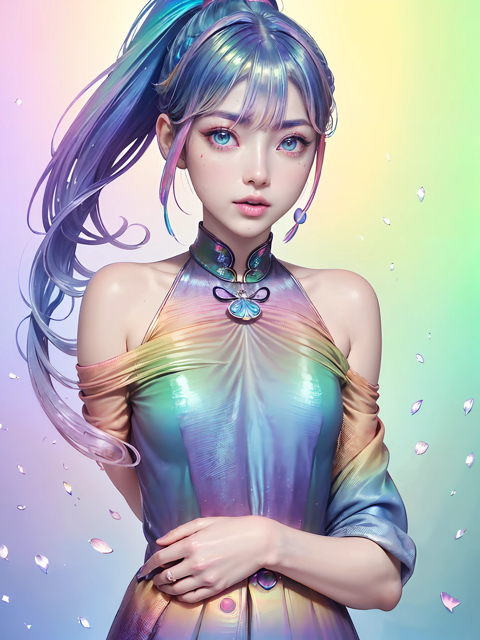 (SFW、masuter piece、Best Quality、masutepiece、top-quality、Top image quality、extremely beautiful lady)、(Pink fashion T-shirt:1.9、Show off all your beautiful décolleté)、(colourful hair:1.8)、(all the colours of the rainbow:1.8)、((((Vertical Painting:1.6、Lower body does not wear anything)))、(Painterly:1.6)、frontage、comic strip、illustratio、Painterly、big eye、Sheer eyes、(Iridescent gradient high ponytail:1.7)、Exquisite makeup、Mouth closed、(Small fresh:1.5)、(Wipe Chest:1.6)、long eyeslashes、White off-the-shoulder T-shirt、White shoulder shirt、looking at the spectator、Large watery eyes、(rainbow-colored hair:1.6)、 color splashes, (独奏:1.8), color splashes, Color explosion, Thick paint style, Messy lines, ((Shines)), (colourfull), (colourfull), colourfull, colourfull, Chic paint style, (Splash) (color splashes), Vertical Painting, The upper part of the body, Paint splashes, Acrylic Pigment, gradients, paint, Top image quality, Top image quality, masterpiece, 独奏, depth of fields, facepaint, colourful clothes, (elegent: 1.2), Gorgeous,length hair, the wind, (elegent: 1.3), (flower petals:1.4)、(((masterpiece)))、(((top-quality)))、((ultra-detailliert))、(illustratio)、(dynamic ungle)、((Planktonic))、(paint)、((dishevled hair))、(独奏)、(1girl in)、((Detailed anima face)))、((beautifull detailed face))、collars、bare shoulders、white hair、((colourful hair))、(((striated hair))、beatiful detailed eyes、(Gradient color eyes)、(((Colorful eyes))))、(colorful backdrop))))、((((a high chroma))))、(((Surrounded by colorful splashes)))、lightbrown hair、Intense crystal light blue eyes、Highlights in the eyes、Look firmly at the camera、((extremely beautiful lady、NSFW Anything?、masuter piece、Highest Standards、top-quality、Top image quality、超A high resolution、Symmetrical beauty、Add strong highlights to the eyes))、Be bold in the crotch、very massive udder、Exposed udder、Beautiful areola、protruding papillae、(huge-breasted)、portlate、Perfect Angle、acrobatic pose、(Professional quality、hight resolution)、perfect contrast、Perfe