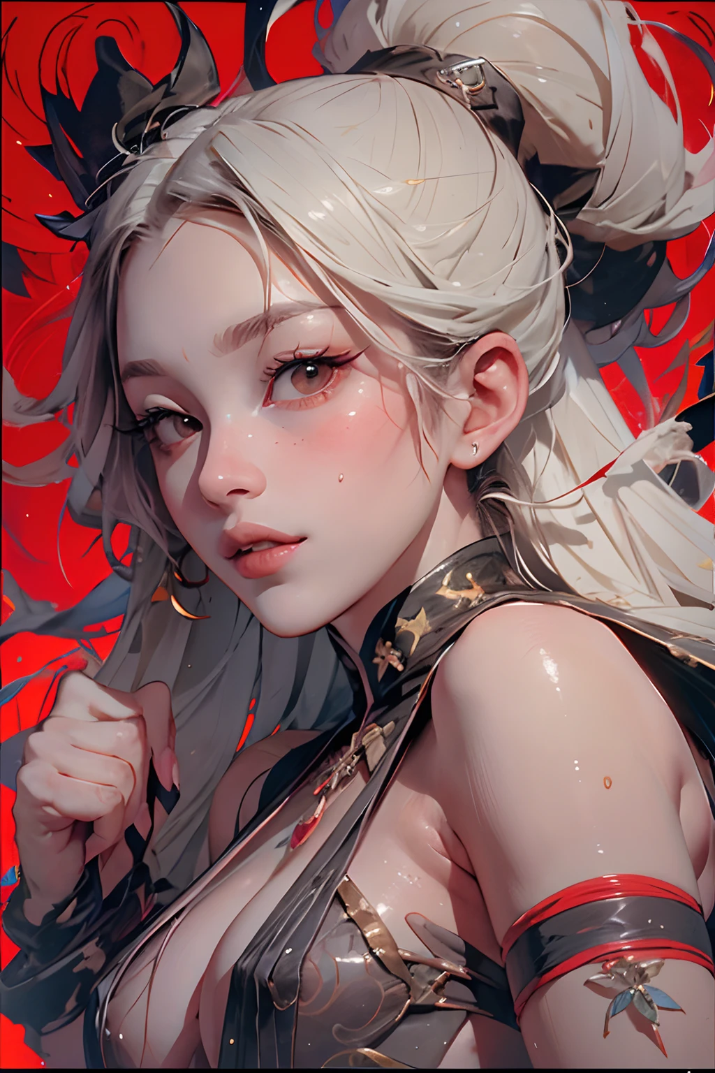 Barefoot woman(30-years old) , (de pele branca:1.7)、 (White hair)、(two swords)、Bare shoulders, Double eyelids, Parted lips,Solo,(cleavage)、delicate and sexy(鎖骨:1.3), (Shiny skin:0.8),(masutepiece:1.4),(Best Quality:1.4),glossy red lips, Perfect Abs, Wet(full of sweat)、low angles, (from below angle), High detailed skin, Skin pores,