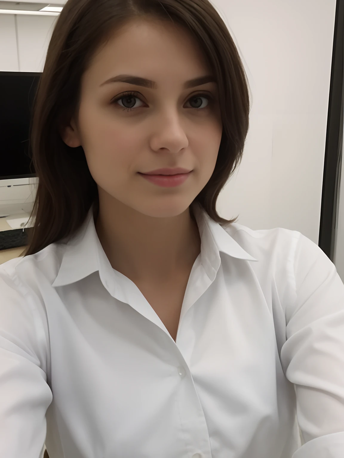 29 year old Brunette, small tits, wearing white shirt, low quality selfi at office, sexy, erotic