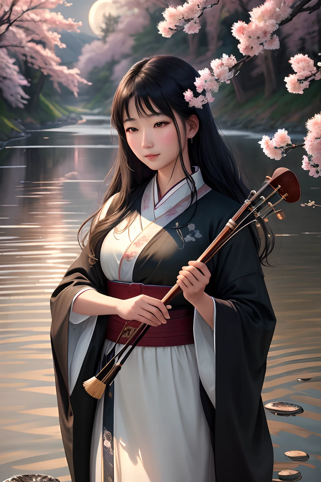 best quality,4k,8k,highres,masterpiece:1.2,ultra-detailed,realistic,photorealistic:1.37,traditional Chinese painting,portraits,moonlit night,Ming dynasty,fair-skinned girl,flowing black hair,robes gently swaying in the wind,serene expression,delicate facial features,graceful posture,holding a fan and a stringed instrument,moon illuminating the landscape,quiet hills and a meandering river,fragrant cherry blossom trees,rippling water reflecting the moon's glow,tranquil atmosphere,subtle color palette of ink and watercolor mist,soft glowing light casting shadows on the scenery,meticulous brushstrokes capturing every intricacy of the scene