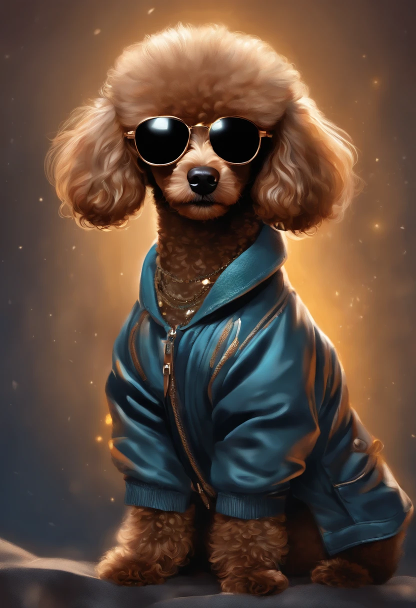 Perfect centering, Cute baby brown poodle, Wearing a student jacket, Wear sunglasses, Wearing headphones, standing position, abstract beauty, centered, Looking at the camera, Facing the camera, Near-perfect, Dynamic, moonlit glow, highly detaild, digital painting, Art Station, concept-art, silky, Sharp focus, 8K, High-definition resolution, Illustration, art by Carne Griffiths and Wadim Kashin, White background,