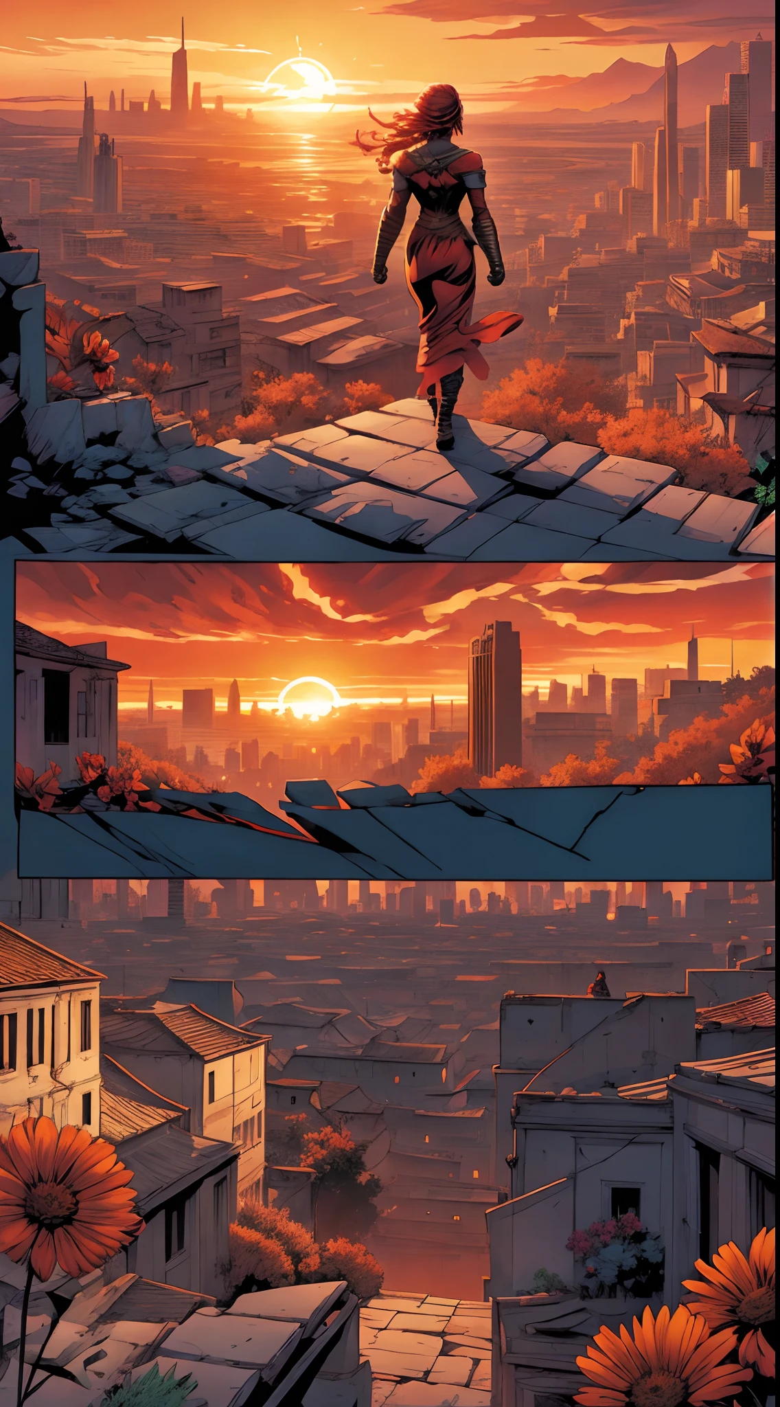 (comic strip), Flame Woman,Facing the dawn, standing, victory, flowers, dawn, the shattered city background,