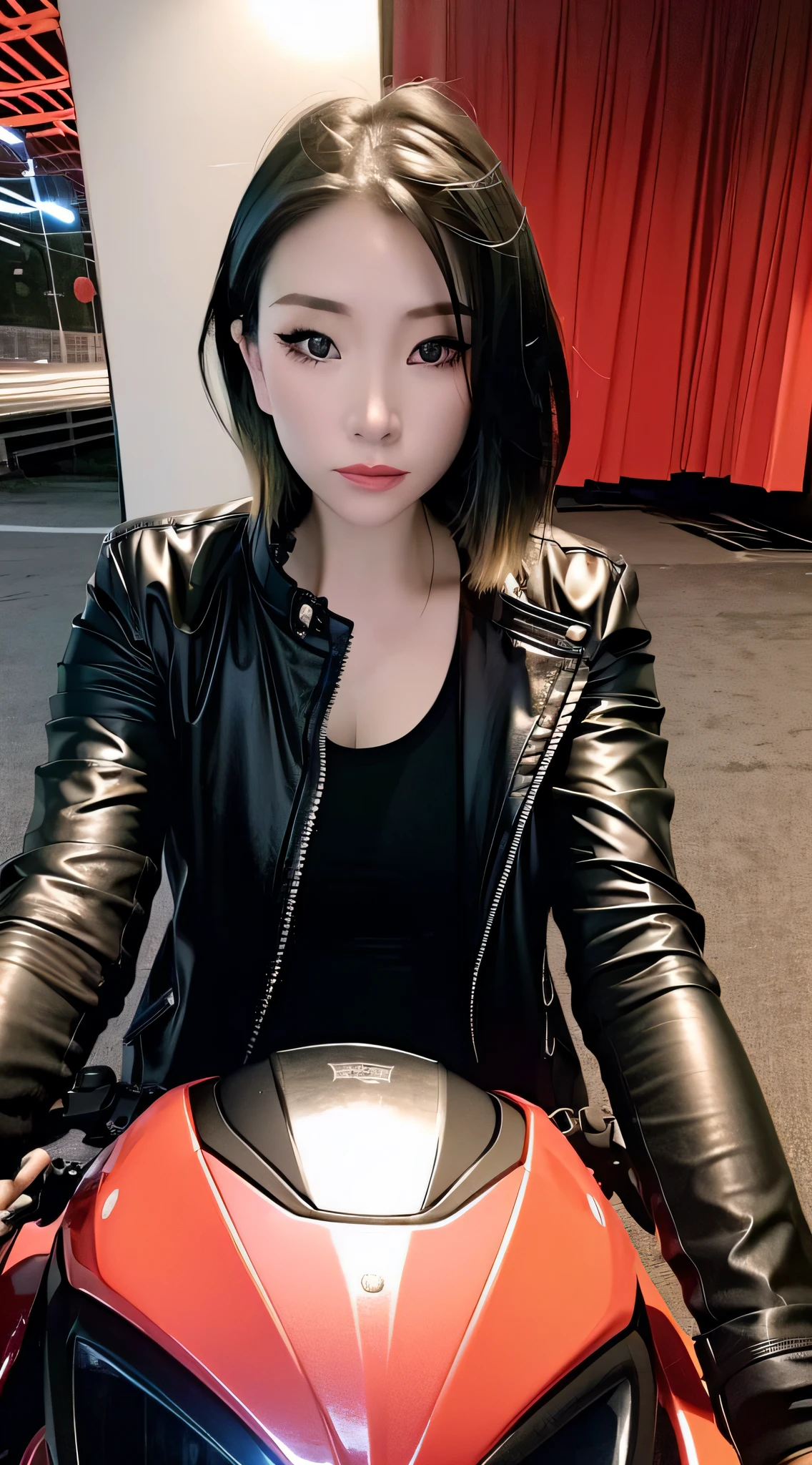 Motorcycle girl，Black CG coat，Red motorcycle，Night tunnel，Highest image quality，Outstanding details，超高分辨率，（fidelity：1.4），The best illustration，Favor the details，Highly cohesive 1girl，He has a delicate and beautiful face，Dressed in black and white mechs，