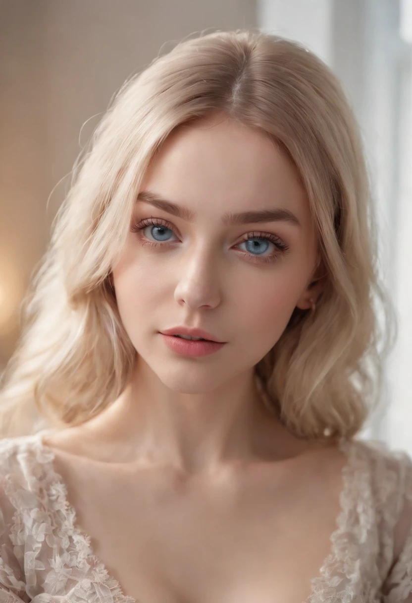 arafed woman fully , sexy girl with blue eyes, ultra realistic, meticulously detailed, portrait sophie mudd, blonde hair and large eyes, selfie of a young woman, bedroom eyes, violet myers, without makeup, natural makeup, looking directly at the camera, face with artgram, subtle makeup, stunning full body shot kneeling on bed, in kitchen, medium to large size bust