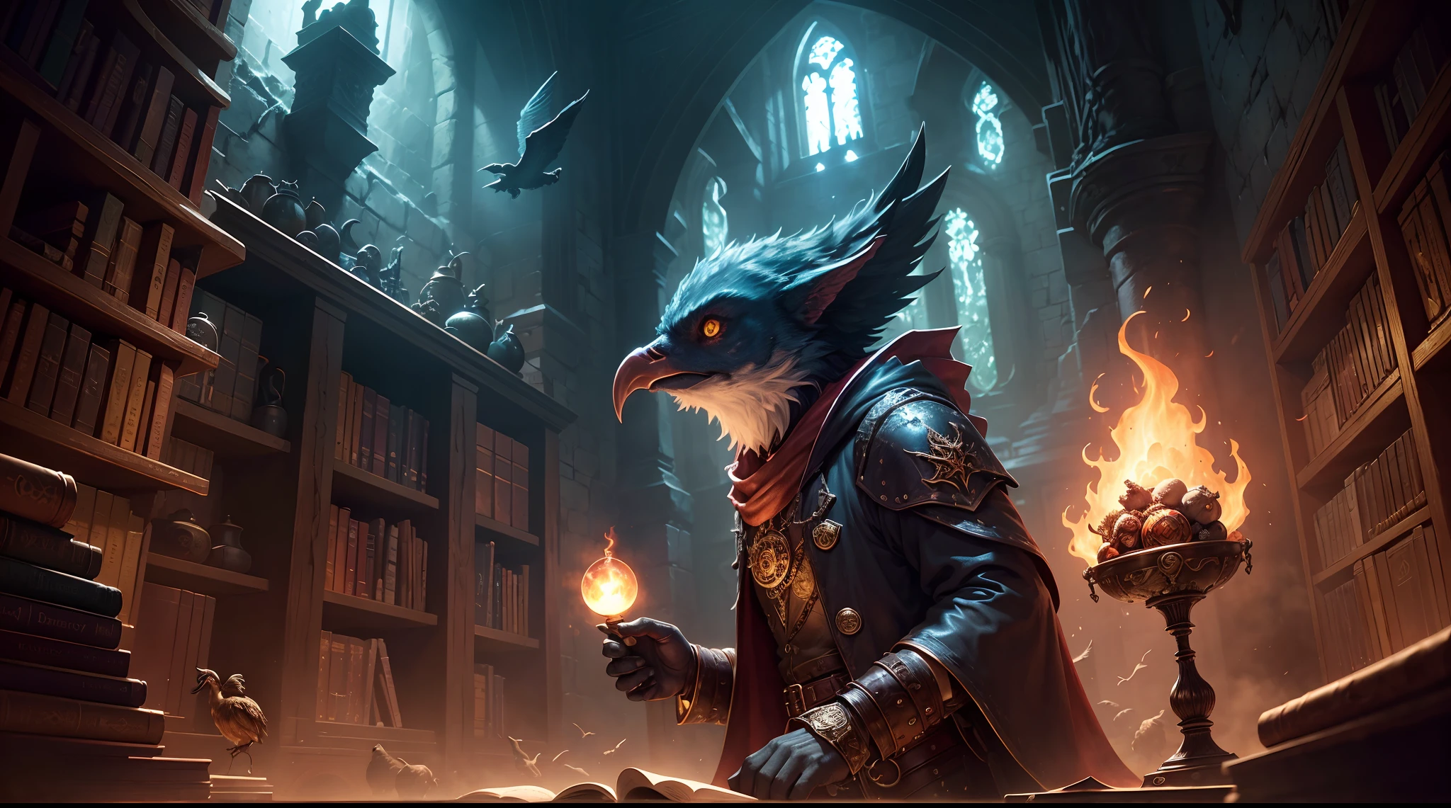 Sorcerer's Library,harry potter,fantasy things,steampunk,dark and things,hogsward,birds,4k,high quality,fantastic,infrared,creative,chiaroscuro,one sexy girl,other not human dantasy bowel,fantasy birds,fire library,fantasy and dark world