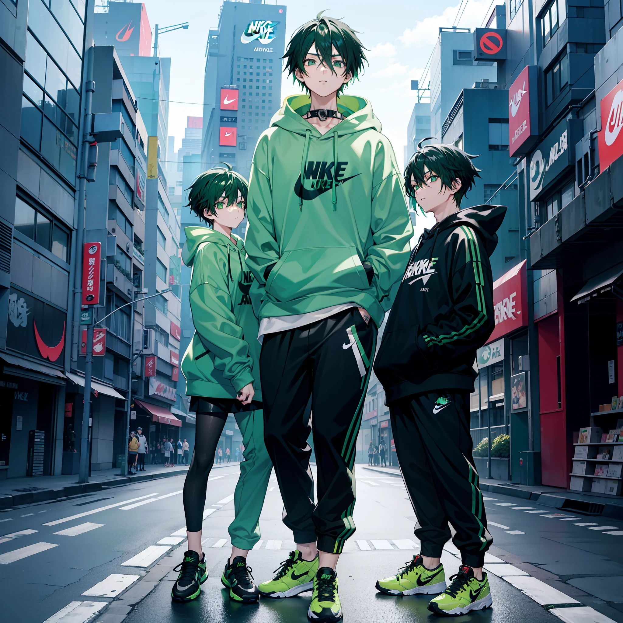 Anime style. Boy. Green Black Gradient Hair Color. Short. cyberpunk theme. street wear. Pull the hoodie. Nike Air Jordan Shoes. to stand