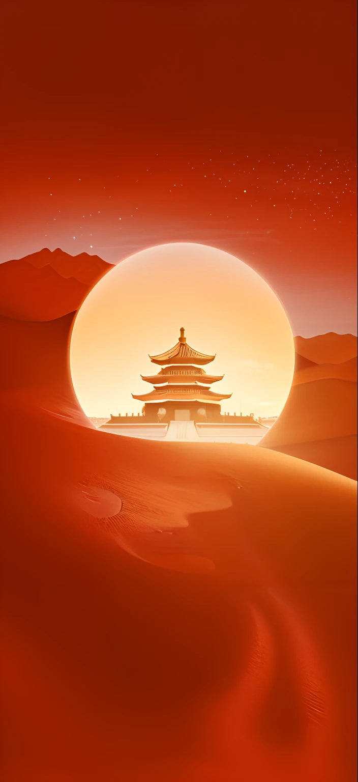 There is a picture of the desert，The background is the silhouette of the pagoda, The foreground is plum blossoms，Beautiful rendering of the Tang Dynasty, dreamland of chinese, film Silk Road landscape, beijing, golden hour in beijing, Chinese style, oriental wallpaper, background depicting a temple, buddhist monastery on mars, Chinese fantasy, Temple background, Chinese landscape, in a futuristic desert palace, golden mountain in the desert