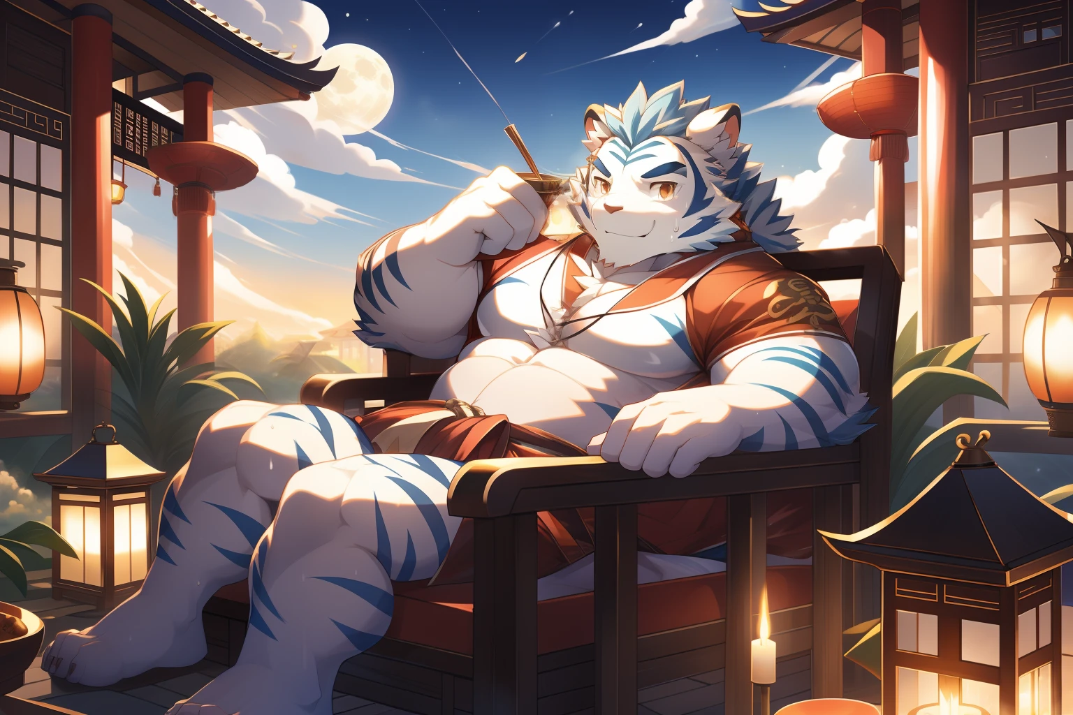 tmasterpiece,the night,Anthropomorphic white tiger,male people,26 year old,Thick eyebrows,Light blue fur,Strong body,Cyan Hanfu,Exposes large pectoral muscles,medium bulge,Recline on a recliner,Drinking tea,open air,vapour,sweat leggs,ssmile,Be red in the face,looking toward the viewer,Golden pupils,Strong,Solo,frontage,Full body photo,A huge full moon in the sky,Auspicious clouds,green plant,Kongming Lantern,Red candles,Classical Chinese courtyard courtyard
