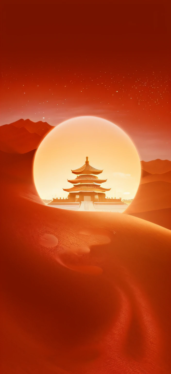 There is a picture of the desert,The background is the silhouette of the pagoda, The foreground is plum blossoms,Beautiful rendering of the Tang Dynasty, dreamland of chinese, film Silk Road landscape, beijing, golden hour in beijing, Chinese style, oriental wallpaper, background depicting a temple, buddhist monastery on mars, Chinese fantasy, Temple background, Chinese landscape, in a futuristic desert palace, golden mountain in the desert