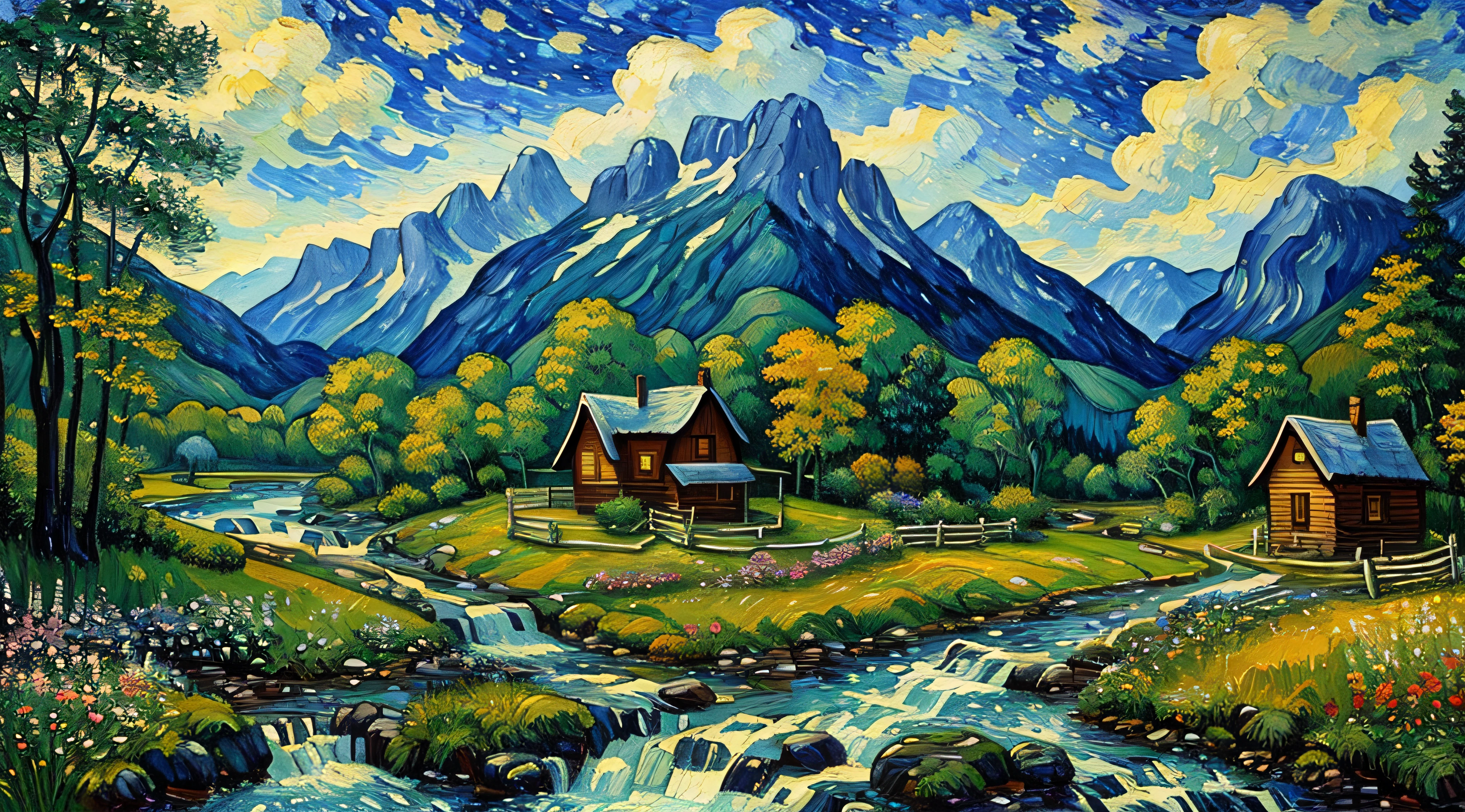 Painting of a cabin in a mountain stream with a waterfall, flowers are blooming beside the fence, , 4 k watercolor painting, beautiful painting, 4 k, cottage in the forest, beautiful oil painting on canvas, detailed brush stroke, beautiful digital painting, smooth oil painting, beautiful art uhd 4 k, 8 k hd detailed oil painting, oil digital painting, Beautiful Landscape Art On Canvas By Vincent van Gogh.