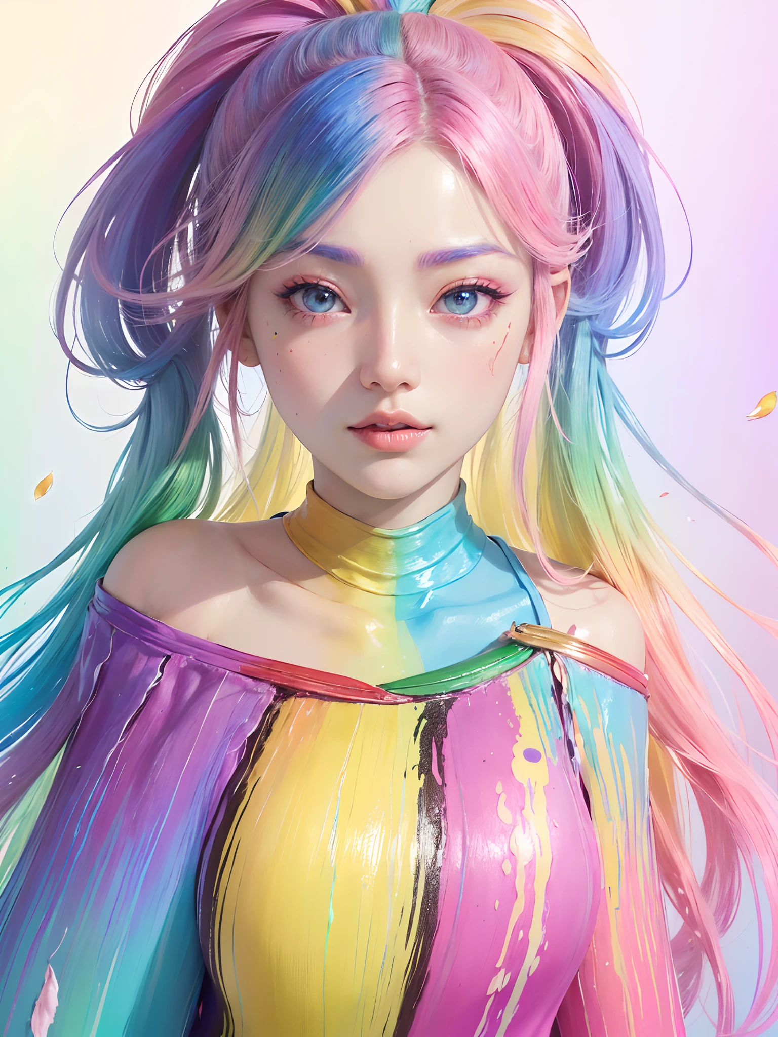 (SFW、masuter piece、Best Quality、masutepiece、top-quality、Top image quality、extremely beautiful lady)、(Pink fashion T-shirt:1.9)、(colourful hair:1.8)、(all the colours of the rainbow:1.8)、((((Vertical Painting:1.6)))、(Painterly:1.6)、frontage、comic strip、illustratio、Painterly、big eye、Sheer eyes、(Iridescent gradient high ponytail:1.7)、Exquisite makeup、Mouth closed、(Small fresh:1.5)、(Wipe Chest:1.6)、long eyeslashes、White off-the-shoulder T-shirt、White shoulder shirt、looking at the spectator、Large watery eyes、(rainbow-colored hair:1.6)、 color splashes, (独奏:1.8), color splashes, Color explosion, Thick paint style, Messy lines, ((Shines)), (colourfull), (colourfull), colourfull, colourfull, Chic paint style, (Splash) (color splashes), Vertical Painting, The upper part of the body, Paint splashes, Acrylic Pigment, gradients, paint, Top image quality, Top image quality, ​masterpiece, 独奏, depth of fields, facepaint, colourful clothes, (elegent: 1.2), Gorgeous,length hair, the wind, (elegent: 1.3), (flower petals:1.4)、(((​masterpiece)))、(((top-quality)))、((ultra-detailliert))、(illustratio)、(dynamic ungle)、((Planktonic))、(paint)、((dishevled hair))、(独奏)、(1girl in)、((Detailed anima face)))、((beautifull detailed face))、collars、bare shoulders​、white  hair、((colourful hair))、(((striated hair))、beatiful detailed eyes、(Gradient color eyes)、(((Colorful eyes))))、(colorful backdrop))))、((((a high chroma))))、(((Surrounded by colorful splashes)))、lightbrown hair、Intense crystal light blue eyes、Highlights in the eyes、Look firmly at the camera、((extremely beautiful lady、NSFW Anything?、masuter piece、Highest Standards、top-quality、Top image quality、超A high resolution、Symmetrical beauty、Add strong highlights to the eyes))、Be bold in the crotch、very massive udder、Exposed udder、Beautiful areola、protruding papillae、(huge-breasted)、portlate、Perfect Angle、acrobatic pose、(Professional quality、hight resolution)、perfect contrast、Perfect litthing、perfect-composition、flawless skin、perfect hand、Pretend to be