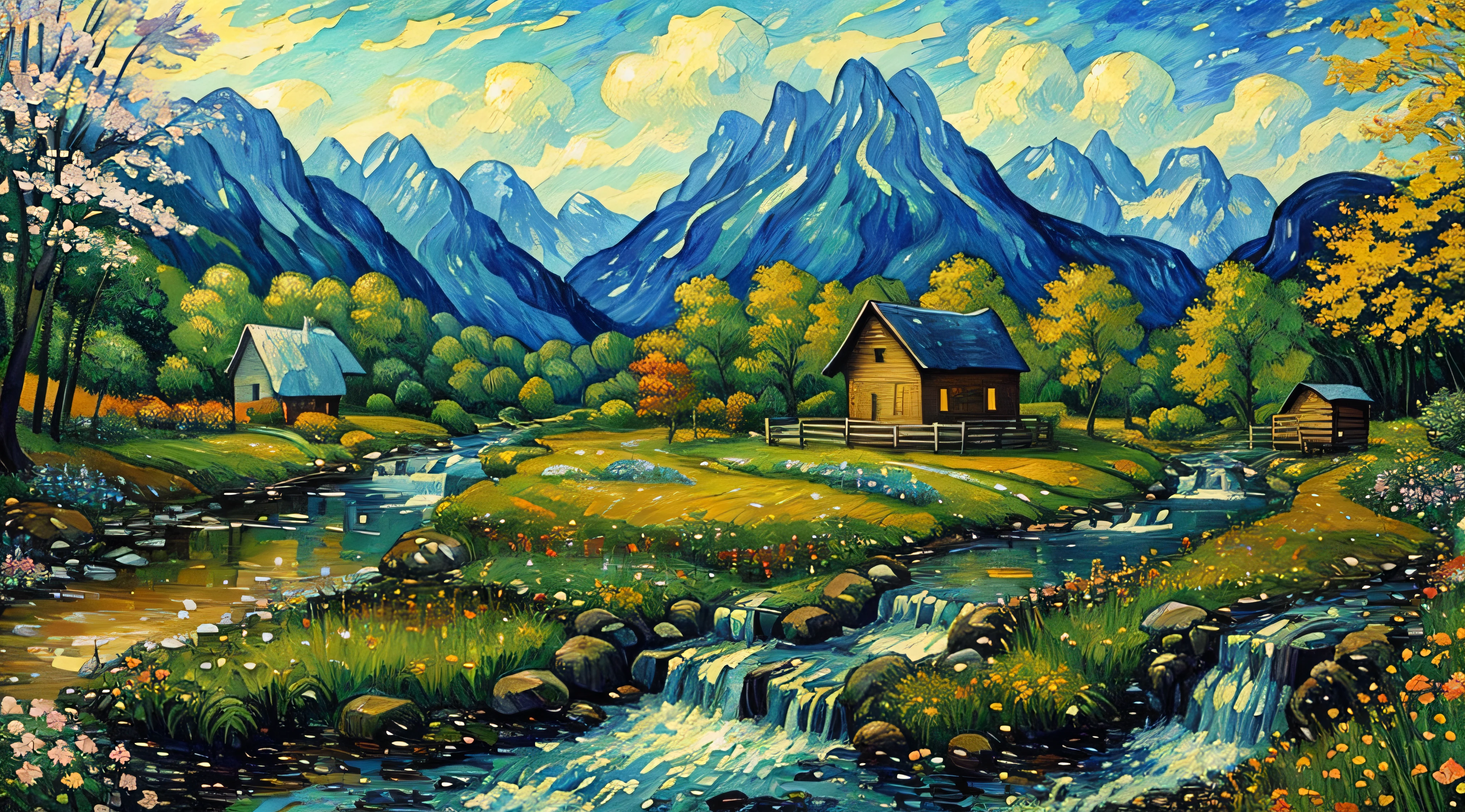 Painting of a cabin in a mountain stream with a waterfall, flowers are blooming beside the fence, , 4 k watercolor painting, beautiful painting, 4 k, cottage in the forest, beautiful oil painting on canvas, detailed brush stroke, beautiful digital painting, smooth oil painting, beautiful art uhd 4 k, 8 k hd detailed oil painting, oil digital painting, Beautiful Landscape Art On Canvas By Vincent van Gogh.