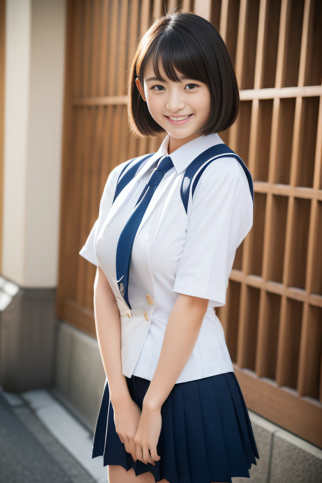 (great masterpiece、top-quality、high-level image quality)、(Young Japan、Idol actress、Good looks、Mature atmosphere)、(((Japan schoolgirl、Neat and clean 18 years old)))、(((perfect anatomia、Full and beautiful limbs、Perfect physiology)))、((Healthy body、short-hair、A dark-haired、bangss、Clear black eyes、Model Grade Body))、(爆乳:1.5)、(Japan JK Uniform、Neat grooming、Fashionable),school classrooms、Evening glow、Beautiful thighs、Cute figure、professional photograpy、Image Movie、agitation、Smile、