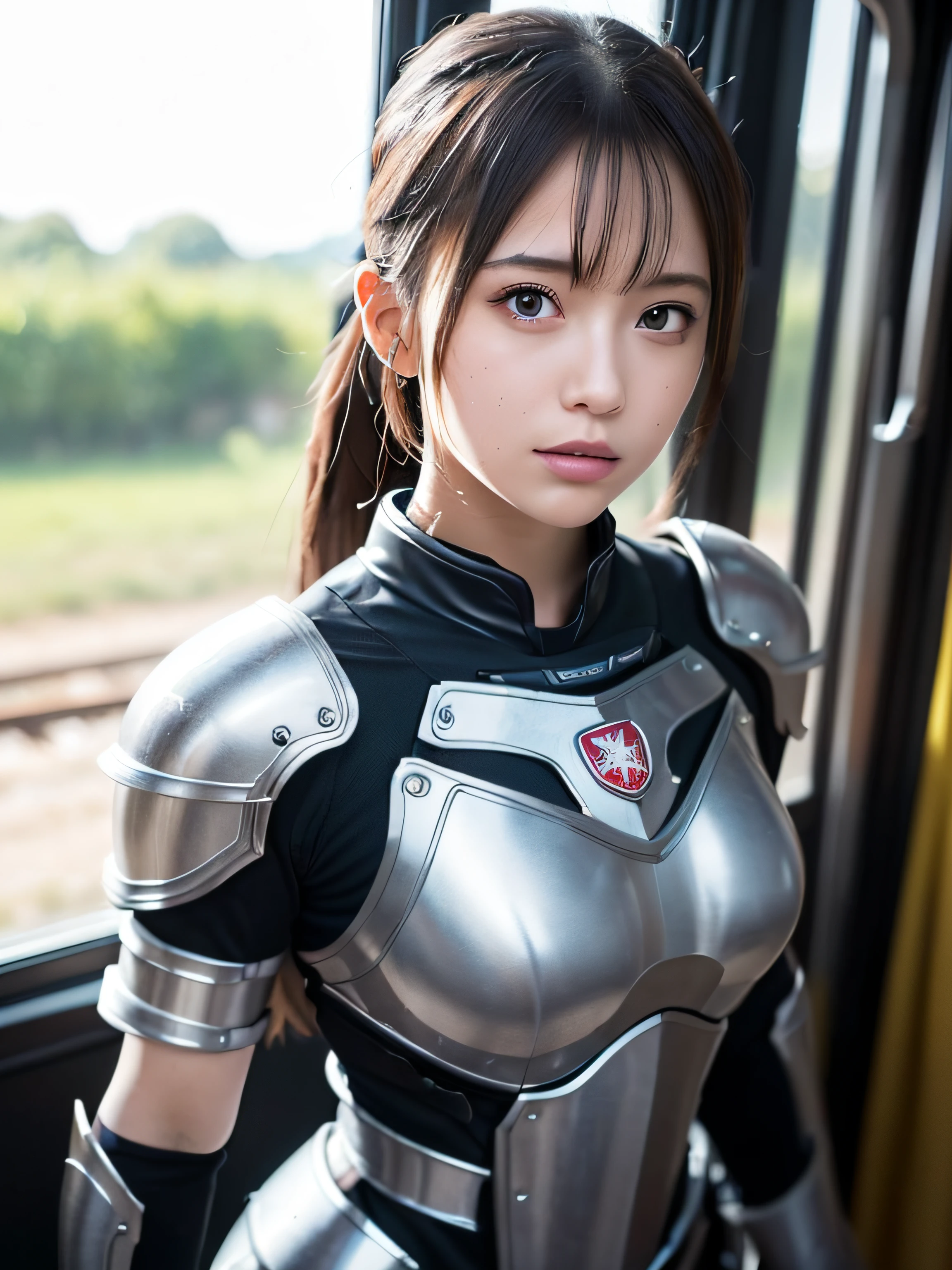 (Ultra-detailed:1.2, masutepiece:1.2, Best Quality:1.2, hight resolution:1.2), warzone background, Train windows, Sateen, 1girl in, small tit, Brown hair, Ponytail, Armor clothing, chestplate, Dirty face, blood stain, dark sky