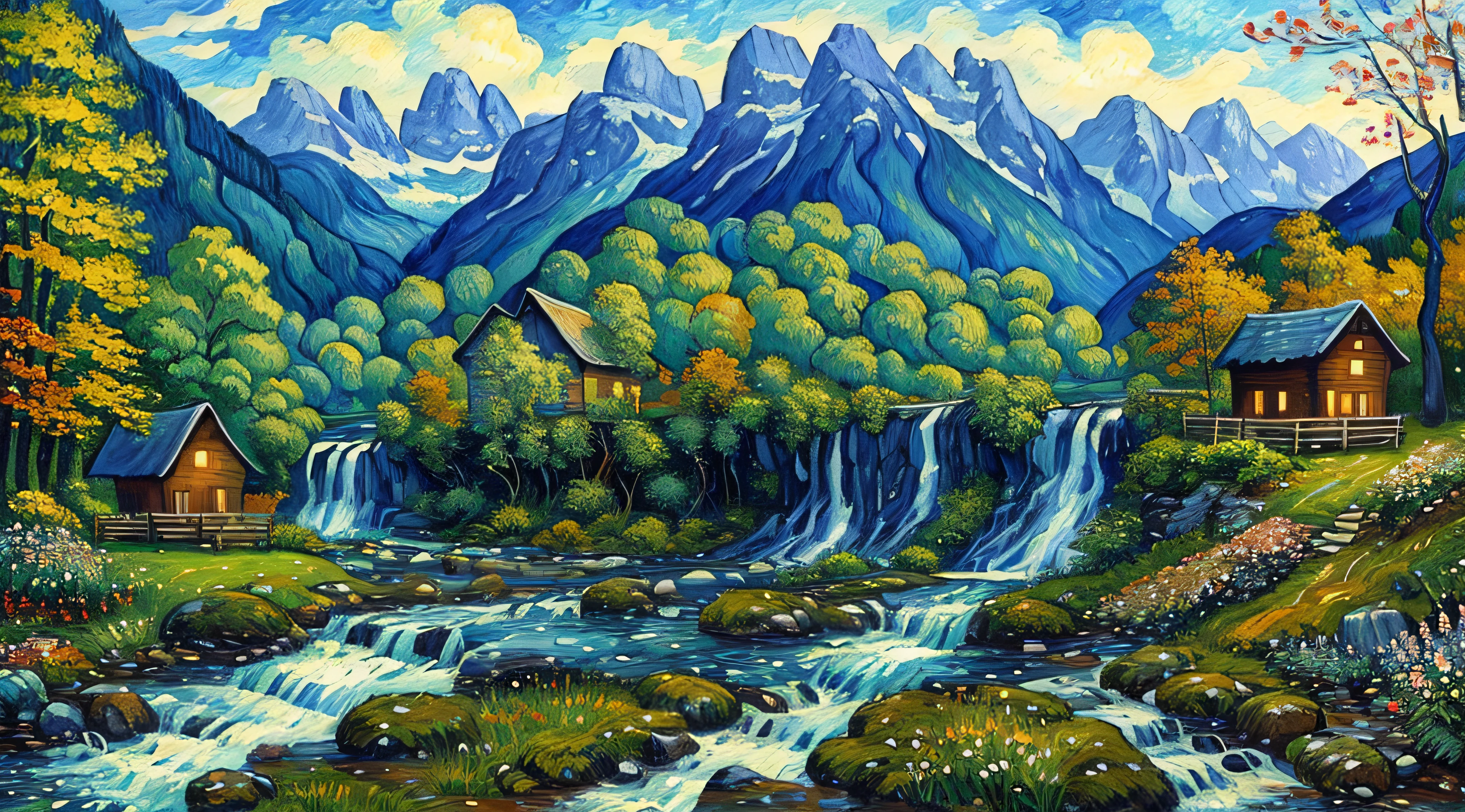 Painting of a cabin in a mountain stream with a waterfall, flowers are blooming beside the fence, , 4 k watercolor painting, beautiful painting, 4 k, cottage in the forest, beautiful oil painting on canvas, detailed brush stroke, beautiful digital painting, smooth oil painting, beautiful art uhd 4 k, 8 k hd detailed oil painting, oil digital painting, Beautiful Landscape Art On Canvas By Vincent van Gogh.