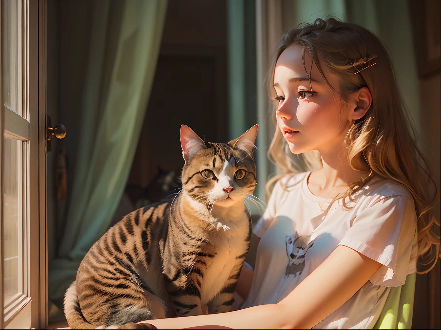 13 year old girl and cat, Sunlight outside the window