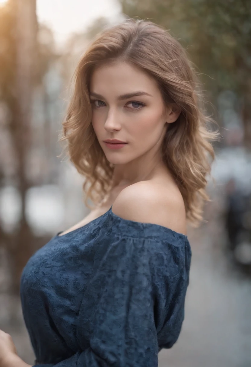 Mujer, realistic character,cabello rubio peinado, Bolsillo del vientre de tela de seda blanca,Mostrar el cofre,ojos azules, Anime Big Breast, solo, moderno, cyberpunk,Foto de cuerpo entero