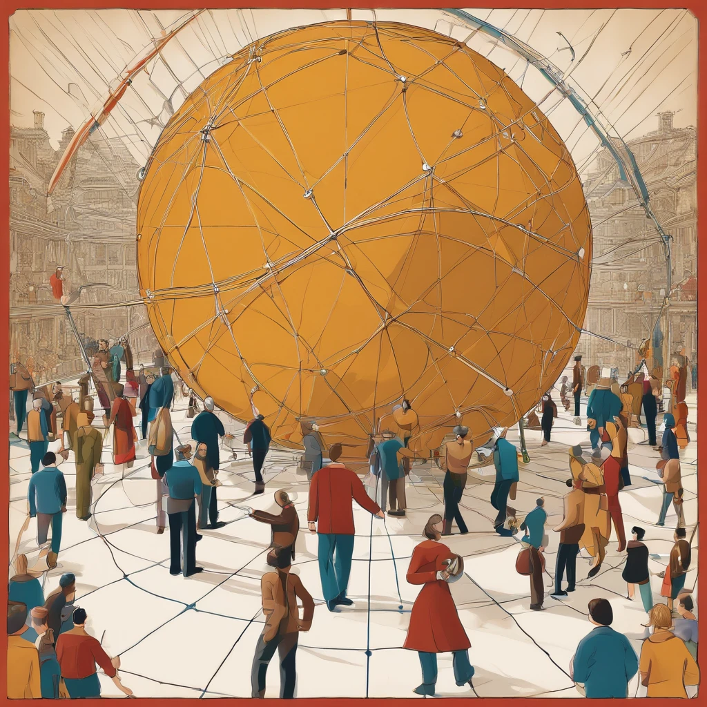 Image d'un globe avec des connexions et des personnes marchant sur le globe disperser