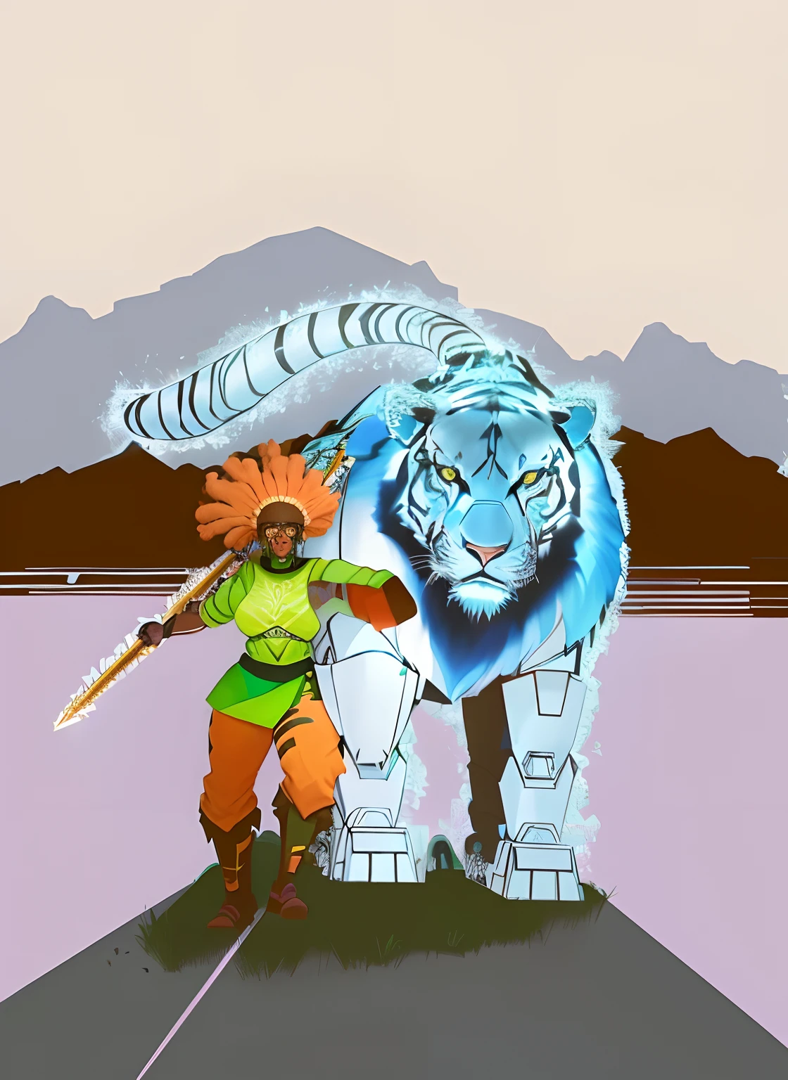 there is a cartoon of a woman with a spear next to a large animal, afrofuturism anime, afro futurism, warrior, a wizard accompanied by a mecha tiger, inspired by theCHAMBA, wakanda, full color illustration, african cyberpunk wizards, afrofuturist, full color digital illustration, epic full color illustration, afrofuturism, afro samurai anime style