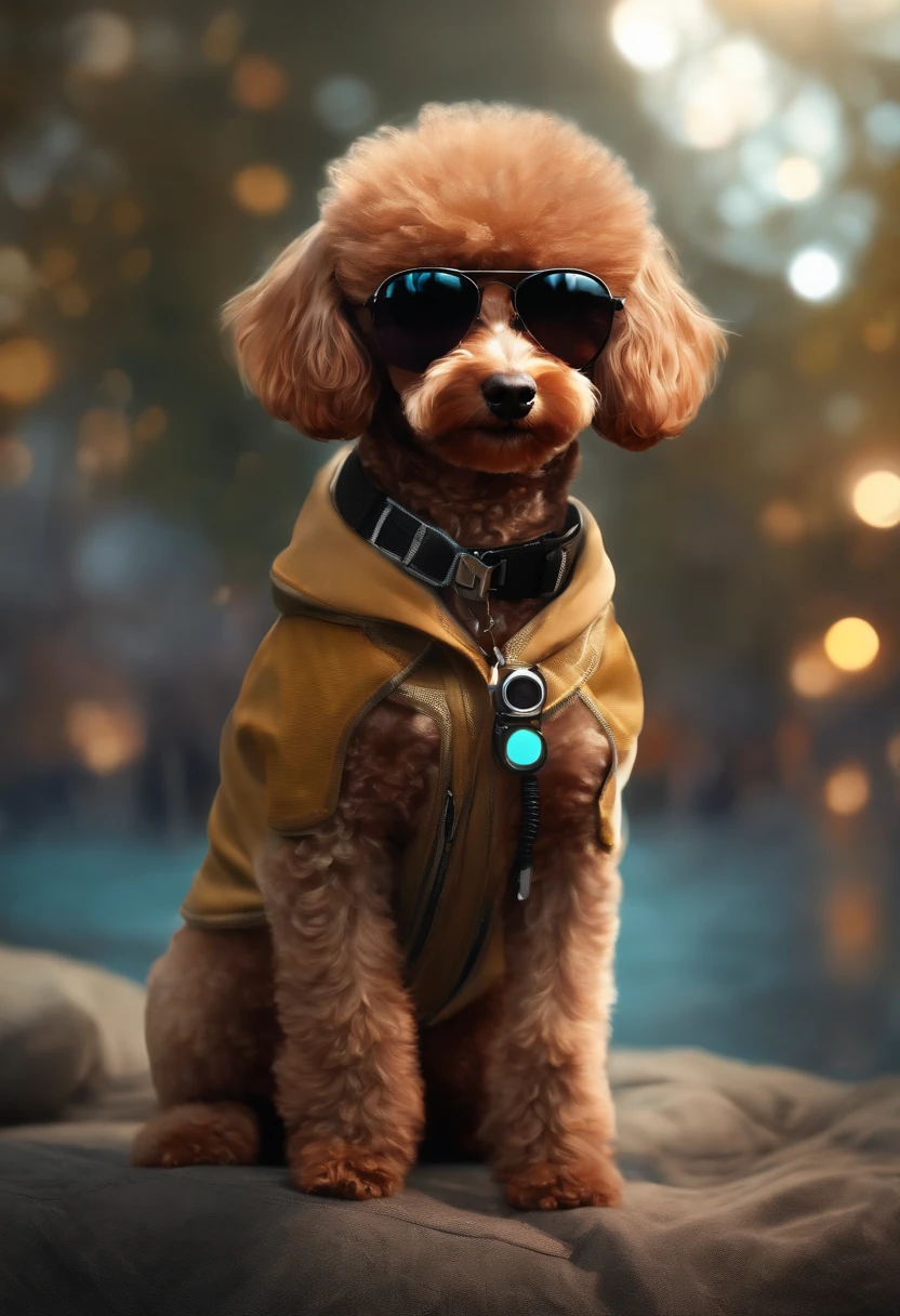 Perfect centering, Cute baby brown poodle, Wearing a student jacket, Wear sunglasses, Wearing headphones, standing position, abstract beauty, centered, Looking at the camera, Facing the camera, Near-perfect, Dynamic, moonlit glow, highly detaild, digital painting, Art Station, concept-art, silky, Sharp focus, 8K, High-definition resolution, Illustration, art by Carne Griffiths and Wadim Kashin,