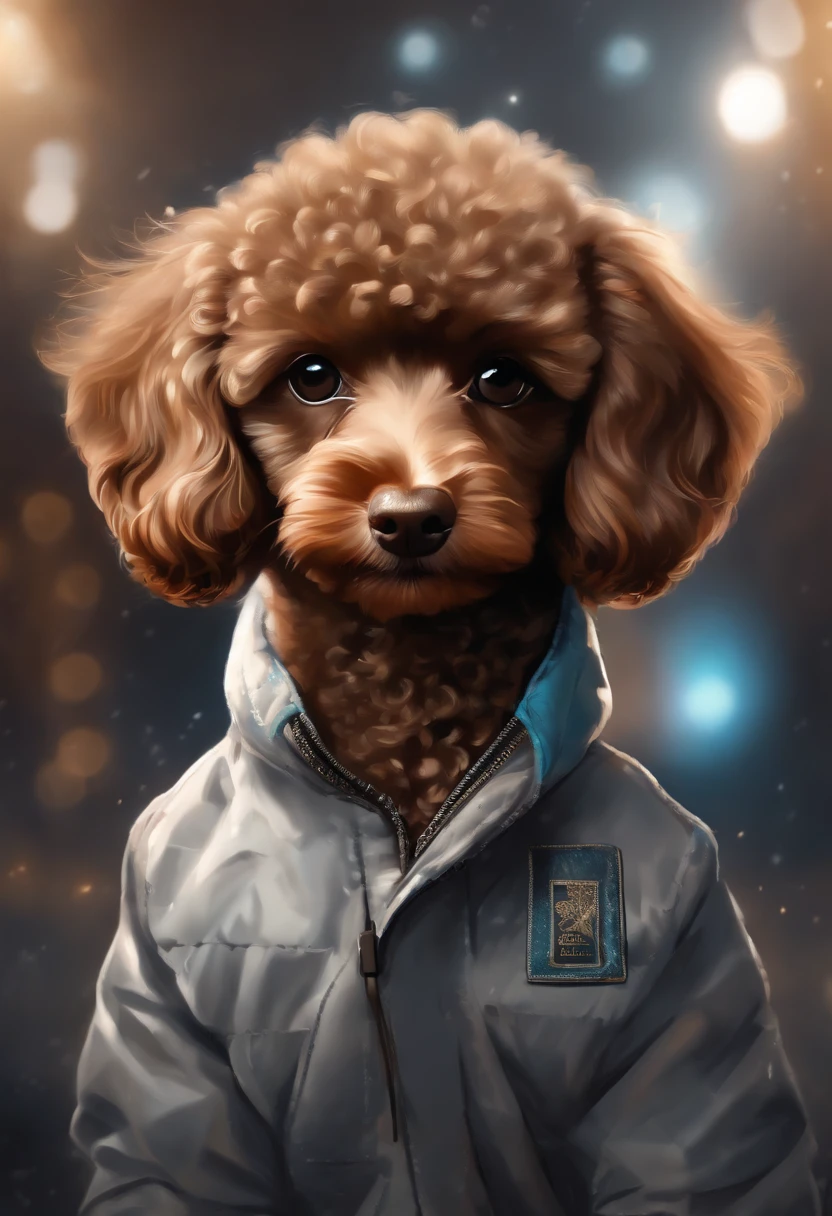 Perfect centering, Cute brown poodle, Wearing a student jacket, Wear sunglasses, Wearing headphones, standing position, abstract beauty, centered, Looking at the camera, Facing the camera, Near-perfect, Dynamic, moonlit glow, highly detaild, digital painting, Art Station, concept-art, silky, Sharp focus, 8K, High-definition resolution, Illustration, art by Carne Griffiths and Wadim Kashin,