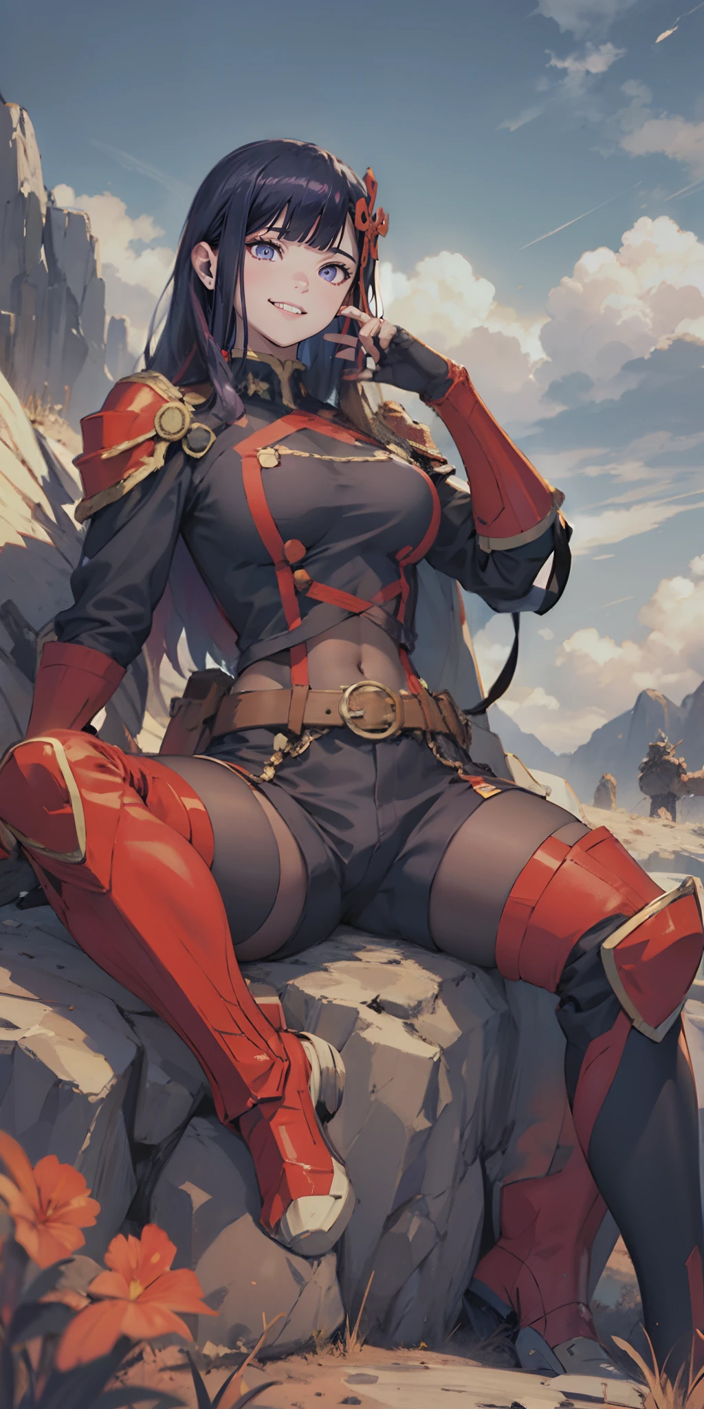 score_9, score_8_up, score_7_up, score_6_up, uncensored, zeta, animal ears, purple eyes, blonde hair, short hair, BREAK (masterpiece:1.2), best quality, high resolution, (detailed eyes:1.3), perfect lighting, (perfect hands, perfect anatomy), large breasts, fox tail, 1girl, rating:safe, bodysuit, looking_at_viewer, gloves, belt, sitting, sky, armor, outdoors, cloud, solo, covered_navel, gauntlets, field,