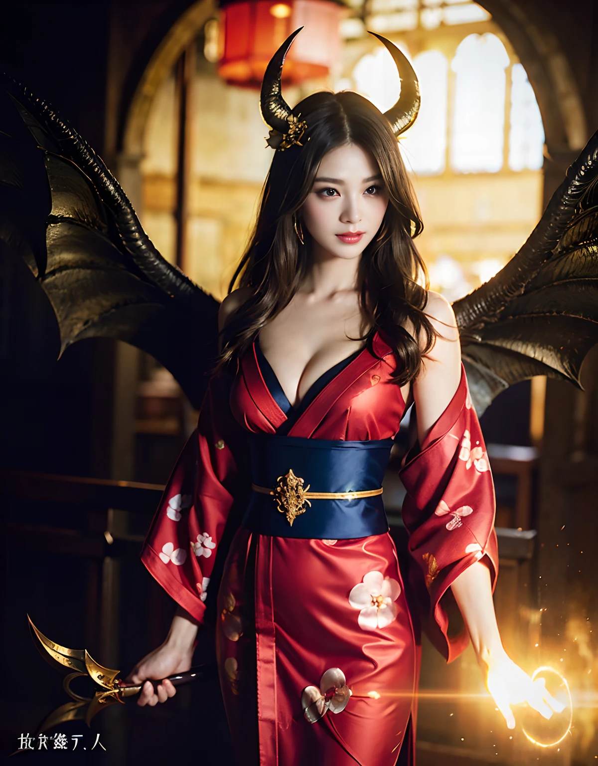 (((masutepiece))),Professional , ​masterpiece、top-quality、photos realistic , depth of fields 、Raw photo、女の子1a person、glowy skin、（Vibrant poses）、(Black maple on the background of full bloom),（Ultimate Beauty）、A dark-haired、Mystical expression、ultrasharp、（shrine background)、（Kimono with beautiful pattern）、（Midnight background）、Beautiful hair ornament on the head、,(intense fighting）,（（Precipitous cliffs））,(Wear a beautiful kimono),（Wear a colorful and beautiful kimono）、cleavage of the breast、（Japan Castle Background）、Jewel Gold Weapon、Particles of light),(intense fighting）、Gorgeous gold weapons ,Castle background、（（ Gorgeous Dragon Sword）） , （a dark night）,,（maikurobikini） 、（（Black Haired Beautiful Girl））、Full Body Angle、（Castle background）、（demonic wings）、（（Gangle's forest background））、Beautiful Caucasian beauty、１a person、dynamic ungle,(((Two devil's horns on the head)))、Smaller head、Idle Smile、Thin and beautiful female hands、Mystical expression、Light Effects、intense fighting、Wind-effect、magic circles、With the legendary magic wand、Dragon's tail、Anatomically correct fingers、Full Body Angle、Anatomically correct number of fingers、