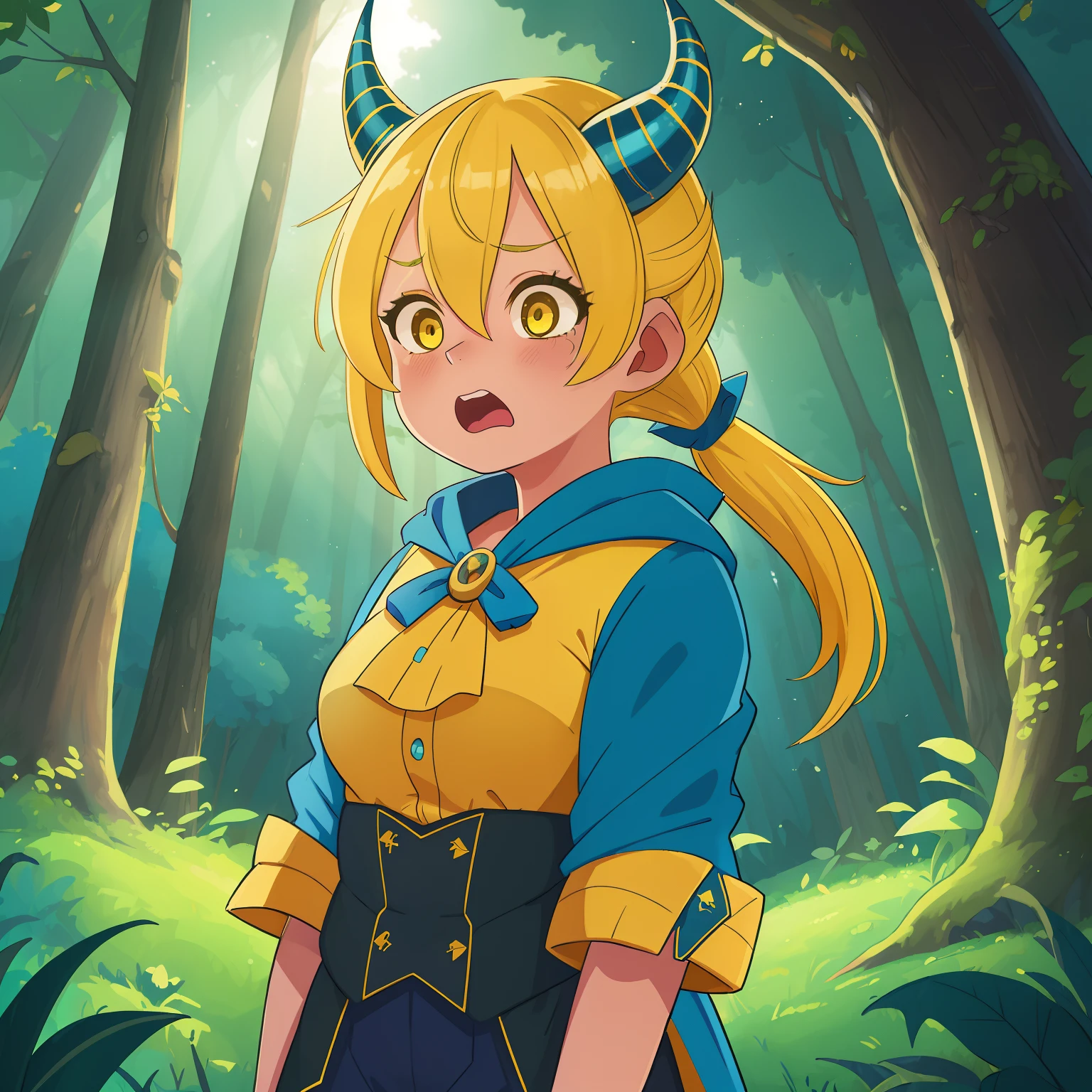 (Best Quality, hiquality:1.3), computer graphics, dramatic lighting, Highly detailed, A girl, with pigtail, yellow-haired, with horns in the forest, very frightened open mouth, blue blouse, blue cape