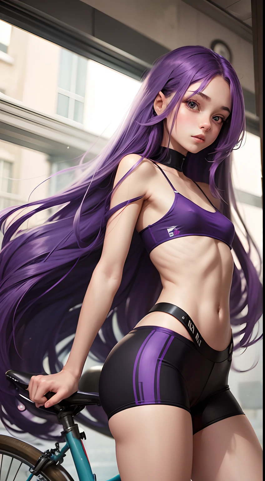 Girl with long purple hair, Slim, cuteface, little chest, in bicycles, ass