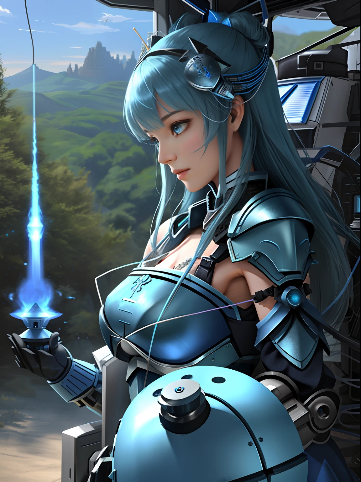 low  angle shot、Upper body view、Blue Metal Female Robot、Psychomobile Armor、(High mobility combat robot:1.1)、([tailed | Detailed wire]:1.3)、Right shoulder beam cannon、Missile pod on left shoulder、(intricate-detail)、nffsw、(intricate-detail、hyperdetails:1.2)、Cinematic shots、vignettes、central、Rugged wilderness landscape、