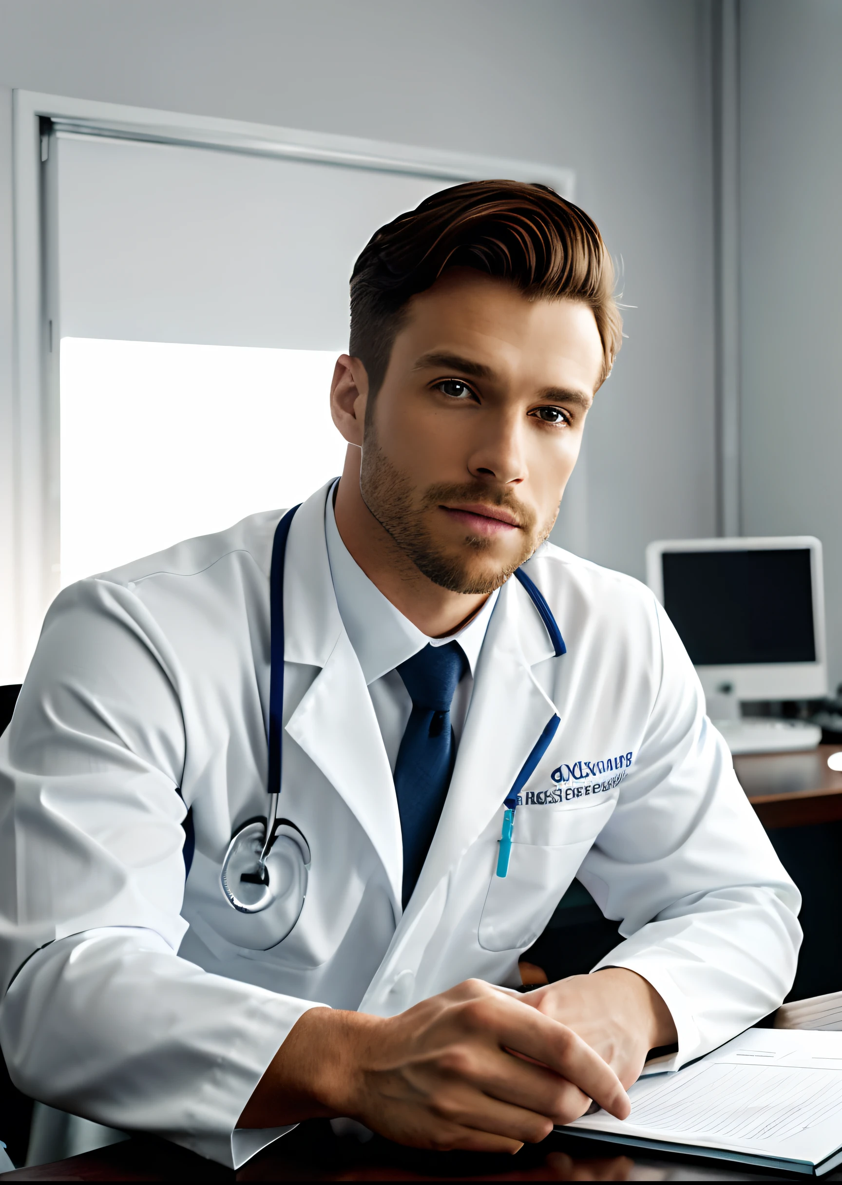 Homem de terno branco e gravata sentado em uma mesa, foto de um homem, sitting at desk, wearing a medical suit, foto corporativa, homem bonito, retrato profissional hd, wearing white doctors suit, sentado em uma mesa, uma foto de um homem, bonito e atraente, foto de perfil profissional, homem atraente, sitting behind desk