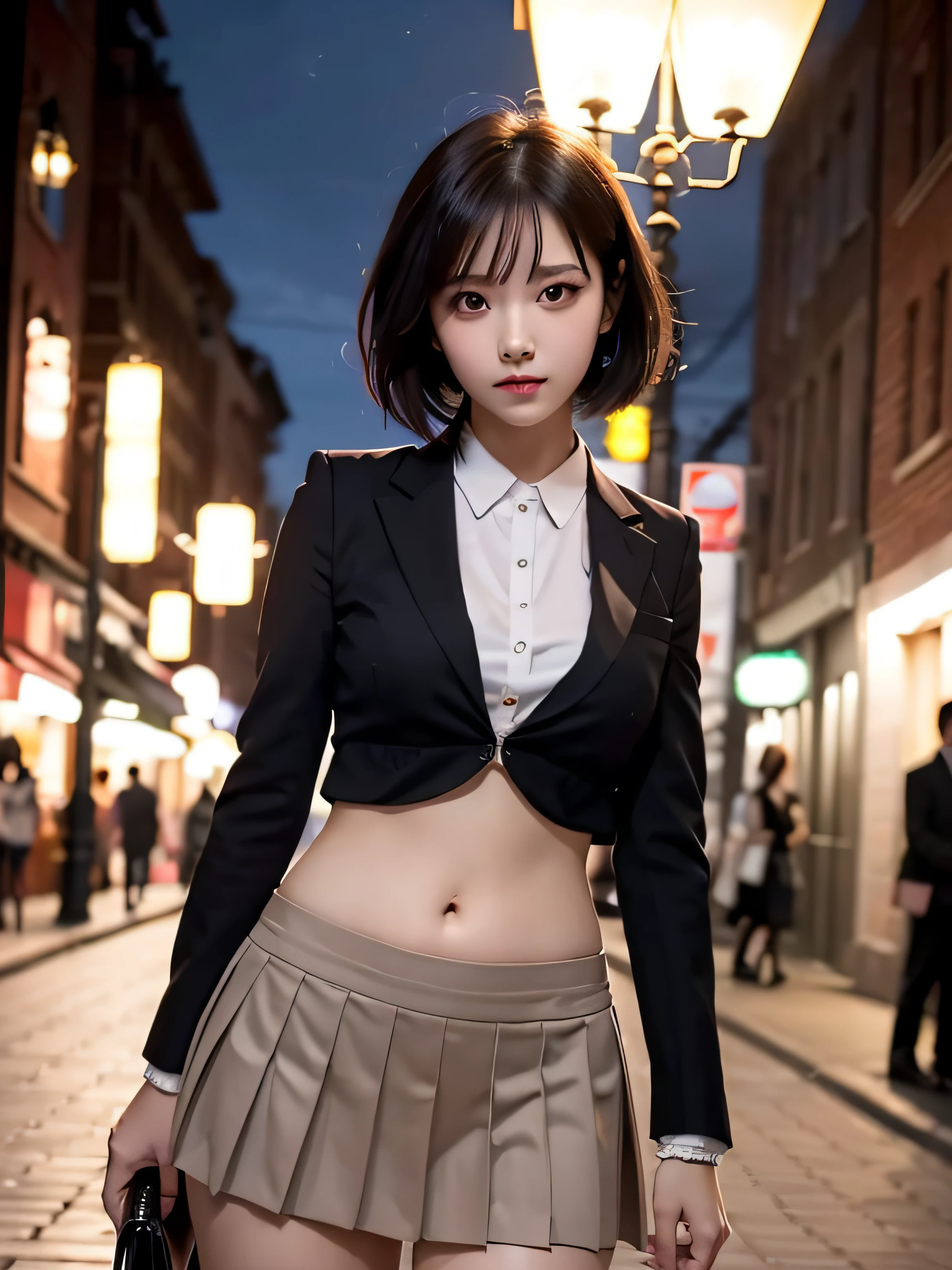cute young woman, Short black hair, Brown eyes, empress,Pleated skirt suit,streetlights,neons,Bustling street background,(Navel:1.1,Princess Eyes), Nobility, royalty, High quality, masutepiece, Highly detailed