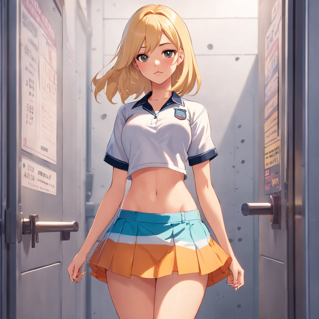 photo, medium hair, thick thighs, big butt, big boobs, provocative, tan skin, detailed face, detailed nose, woman wearing converse small skirt and a shirt, freckles, smirk,realism,realistic,raw,analog,woman,portrait,photorealistic,analog,realism, (mugshot), mugshot, woman with big ass, long wavy blond hair, arrested for being too juicy,concept_ken_mugshot_ownwaifu,concept_barbie_mugshot_ownwaifu,ASS UP WAIT FEET