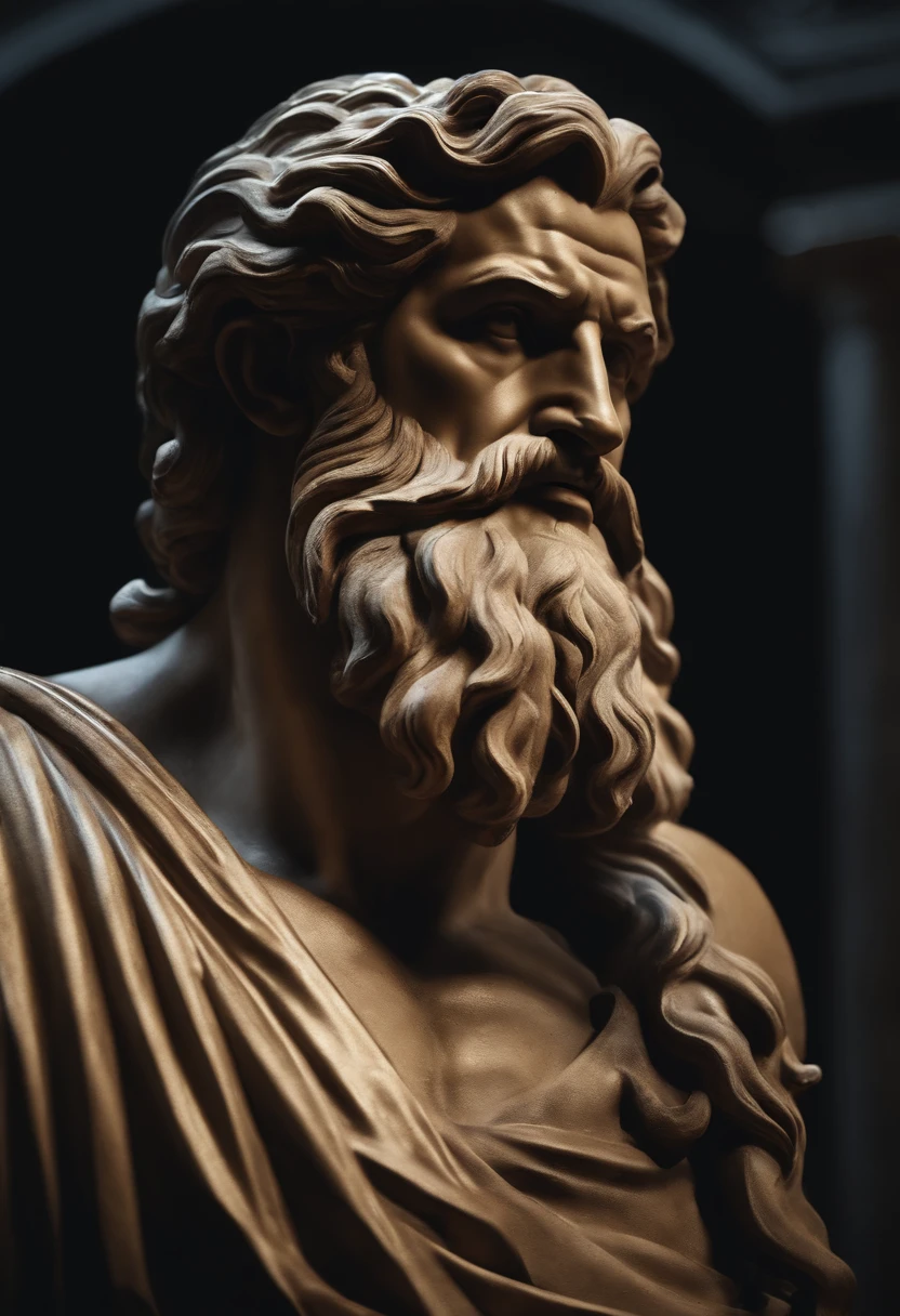 Face of Zeus sovereign of other Greek gods which is the Greek historical status with Hercules profile muscles Cinematic 8k and dark background