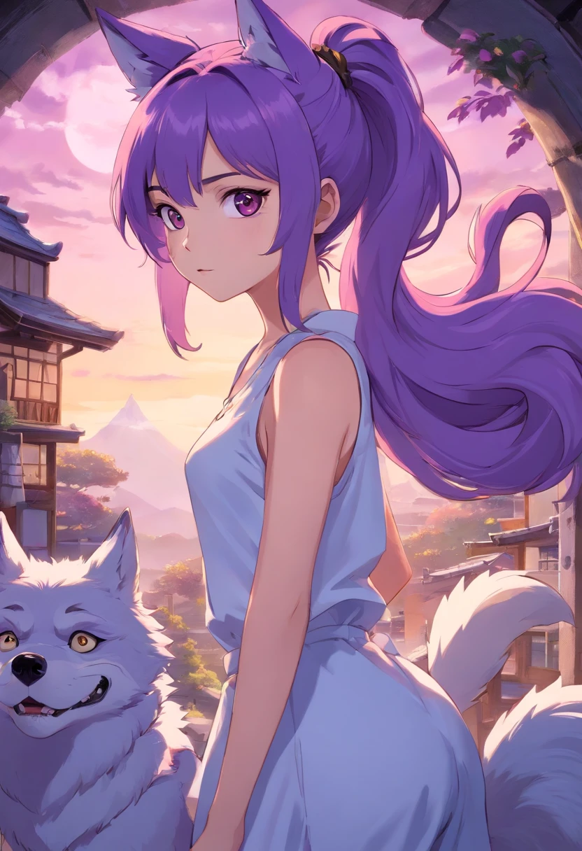 Purple ponytail, beauty, one girl, black eyes, wolf ears, wolf tail, sexy, full body
